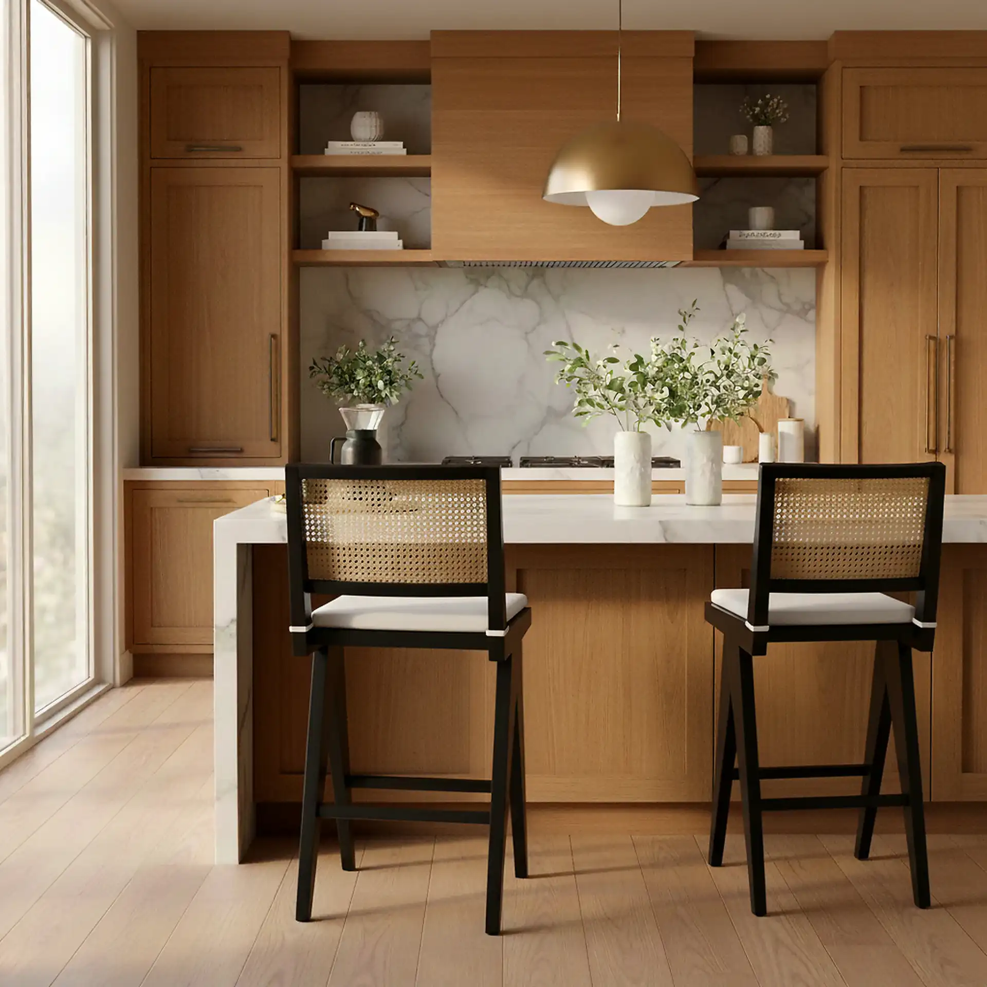 Colette Rattan Barstool in Black / Natural in a styled room