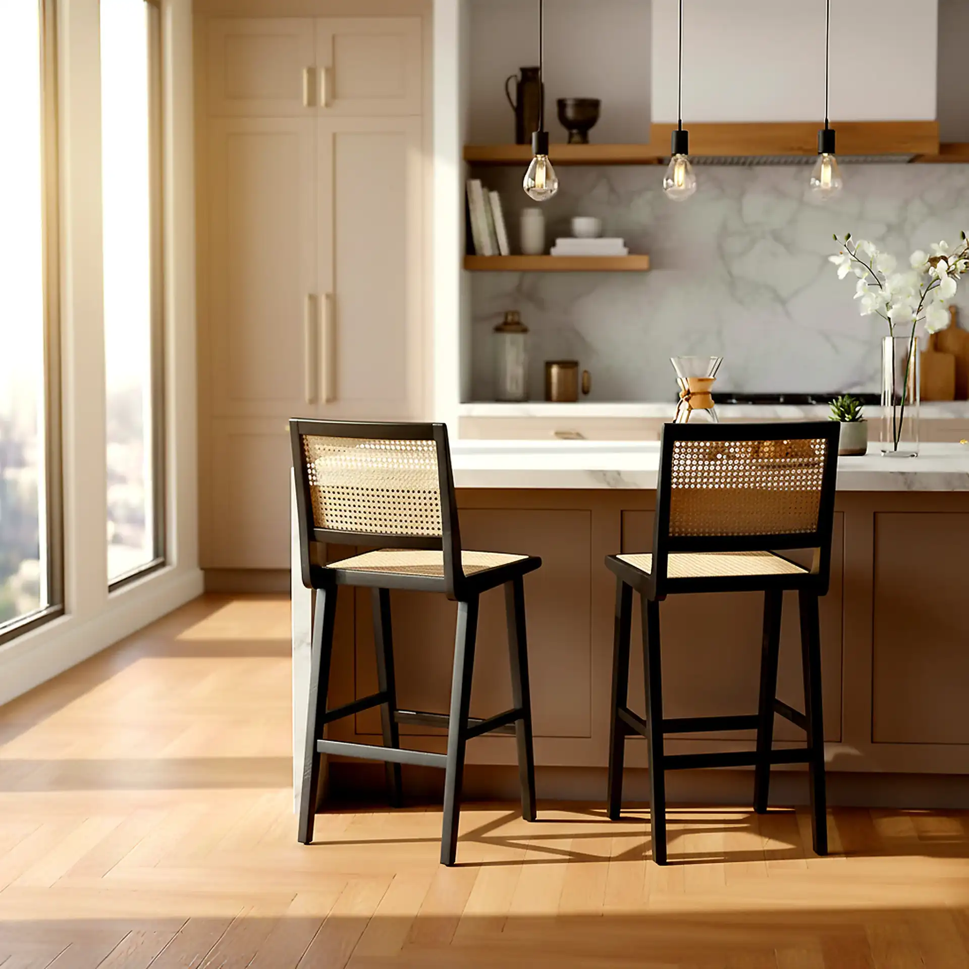 Hattie French Cane Barstool in Black / Natural in a styled room