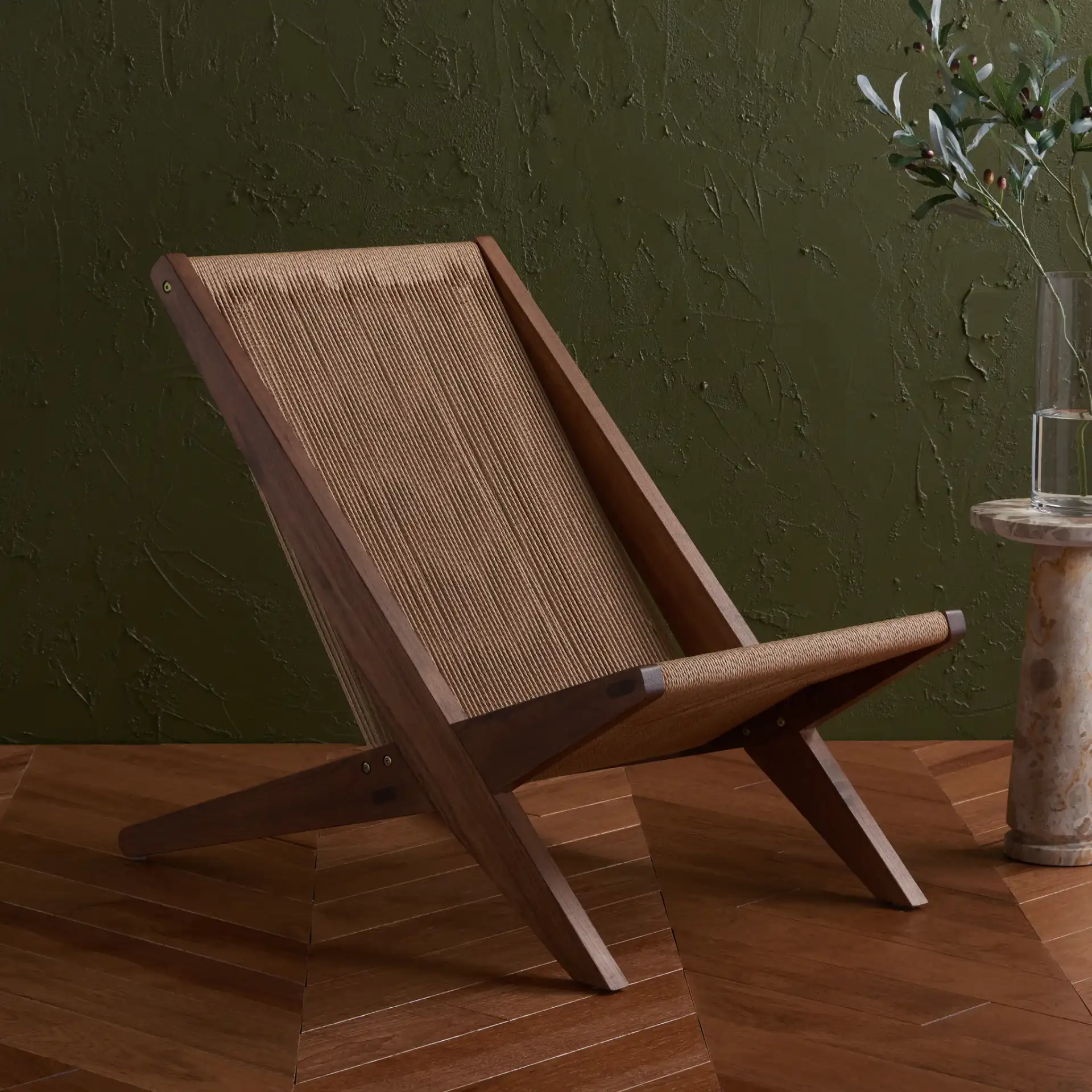 Trisha Folding Rope Accent Chair in Walnut / Natural in a styled room