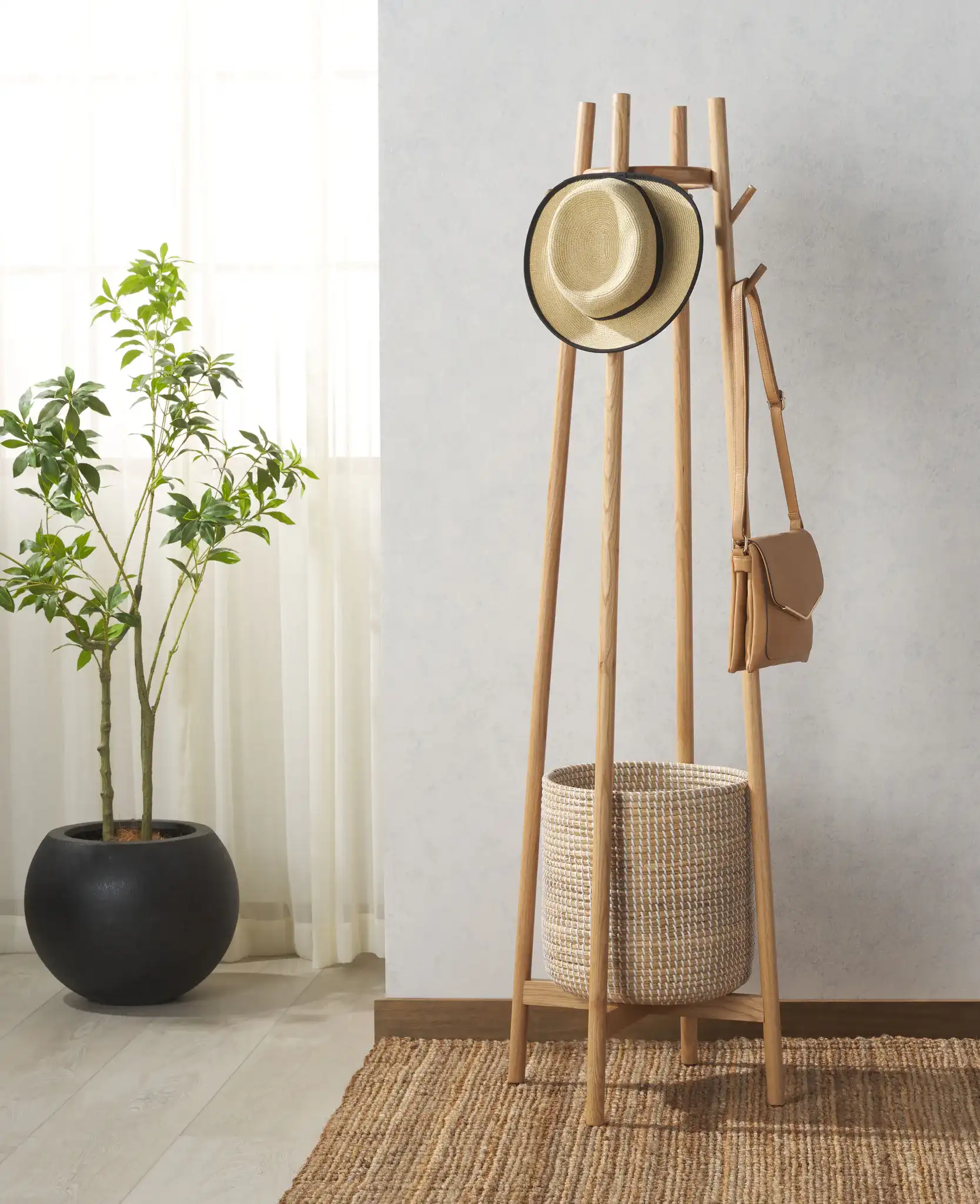 Abellina Coat Rack in Natural in a styled room