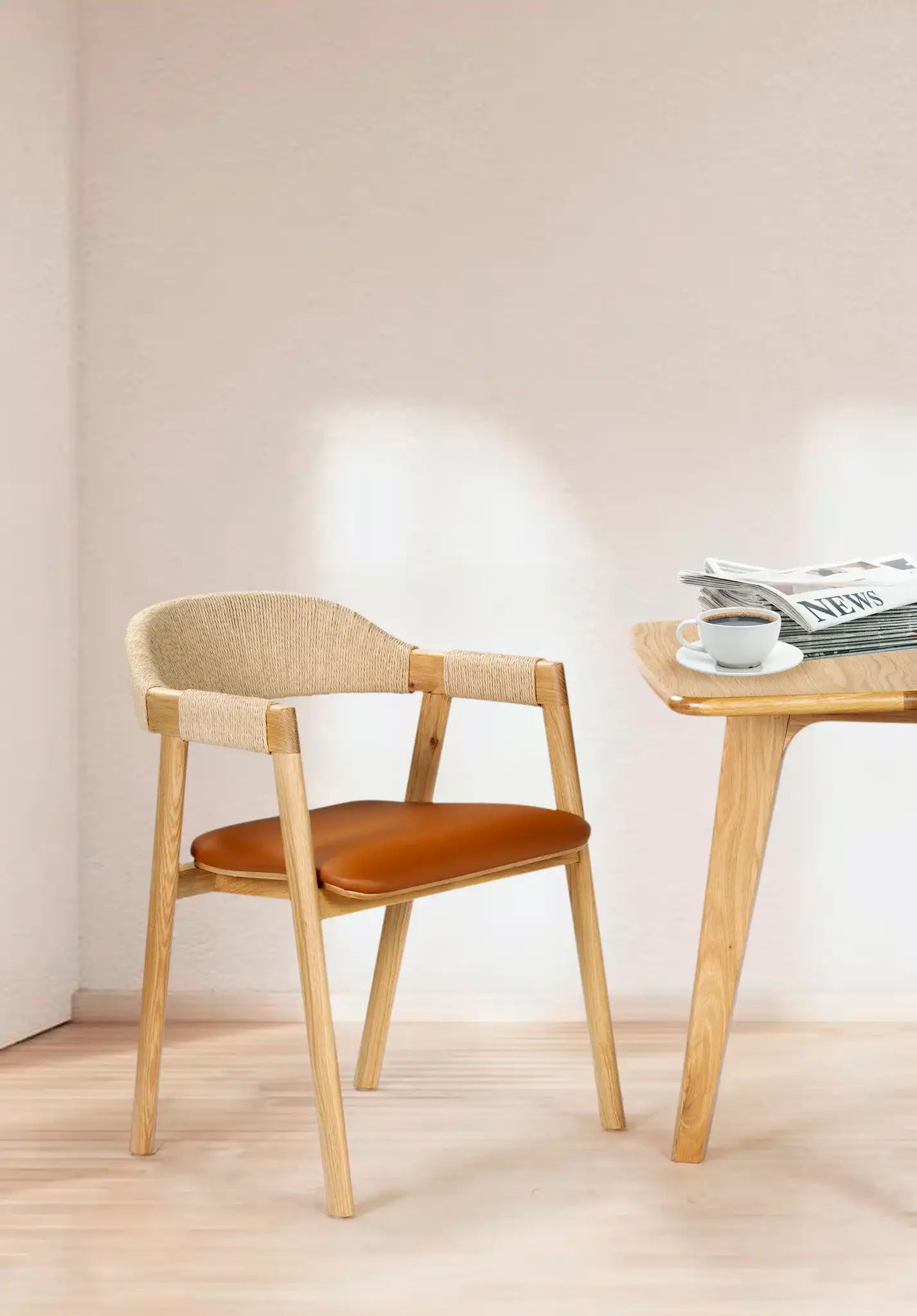 Eamon Leather Dining Chair in Natural / Brown in a styled room