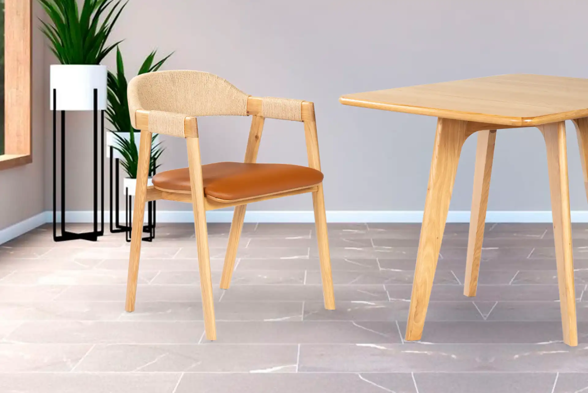 Eamon Leather Dining Chair in Natural / Brown in a styled room