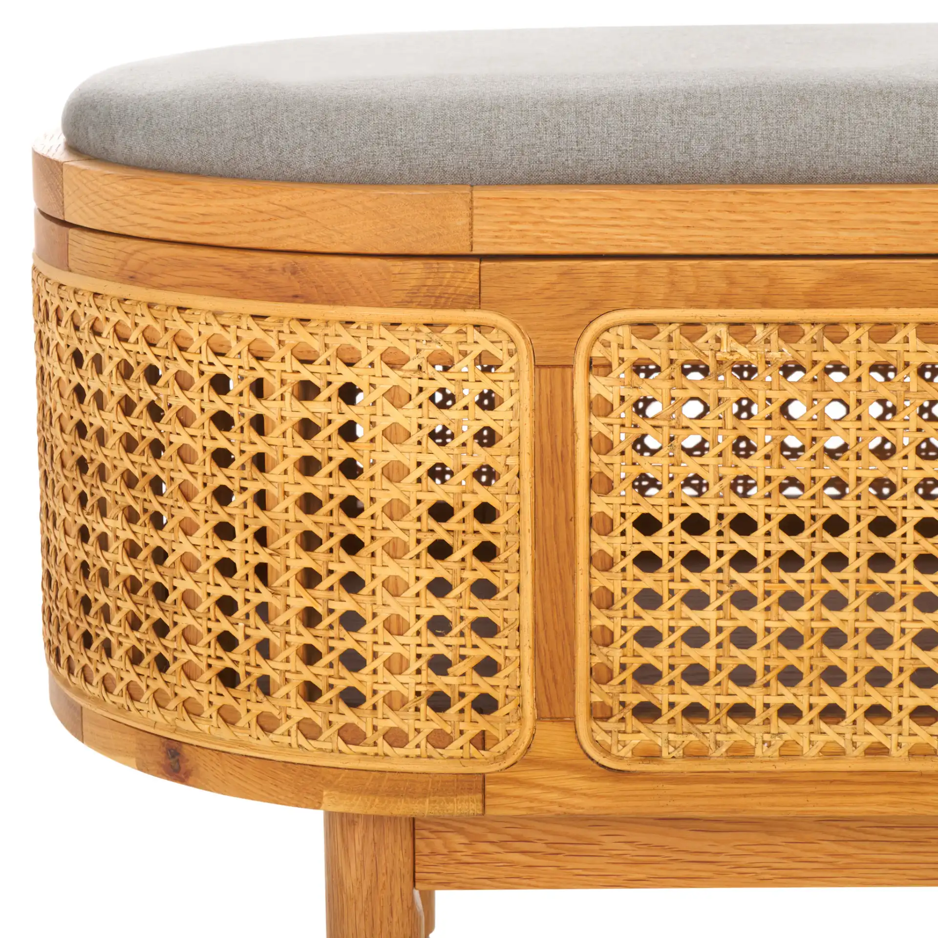 Dolly Cane And Wood Storage Bench in Natural / Gray in a styled room