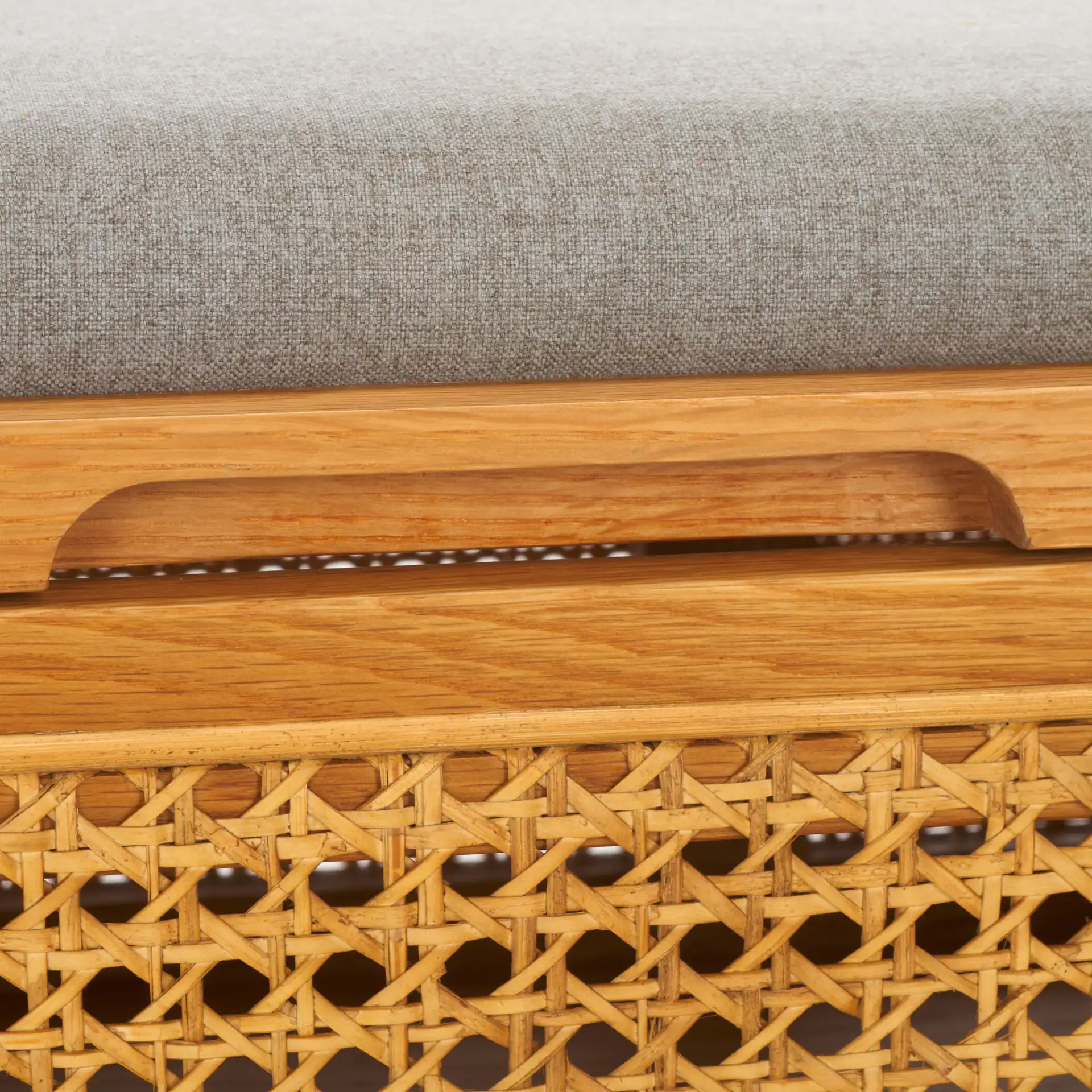 Dolly Cane And Wood Storage Bench in Natural / Gray in a styled room