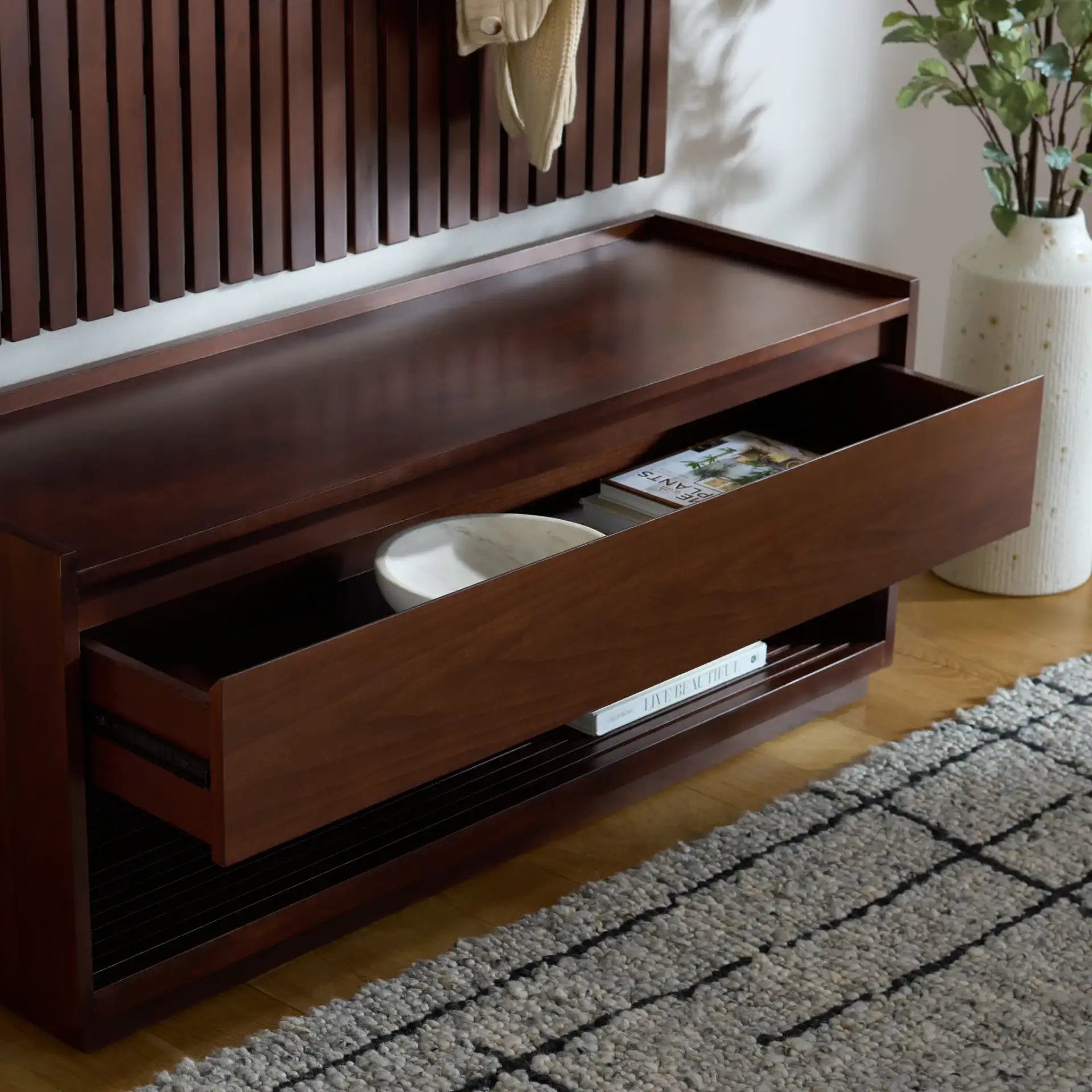Petrabella Wood Hall Tree in Walnut / Black in a styled room