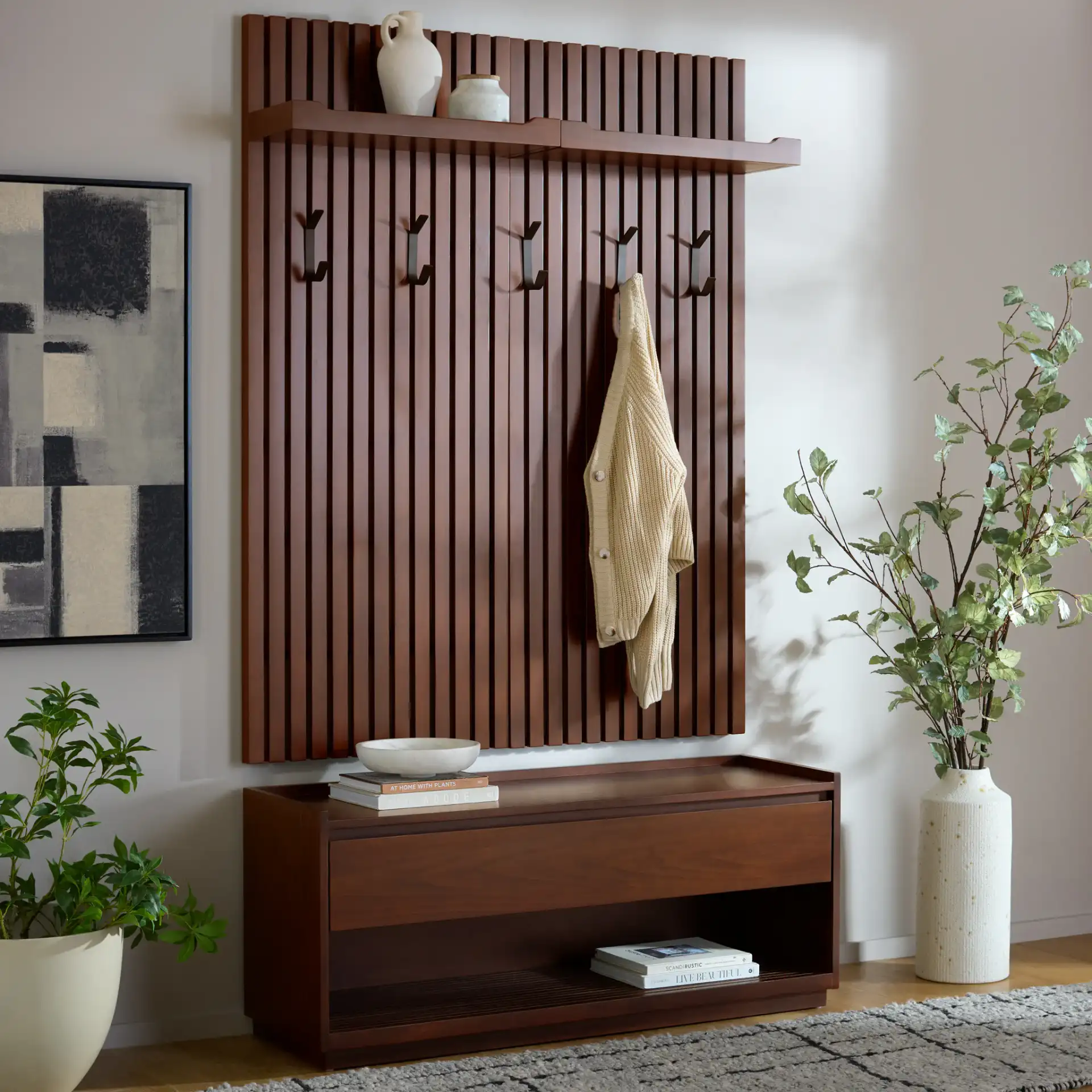 Petrabella Wood Hall Tree in Walnut / Black in a styled room
