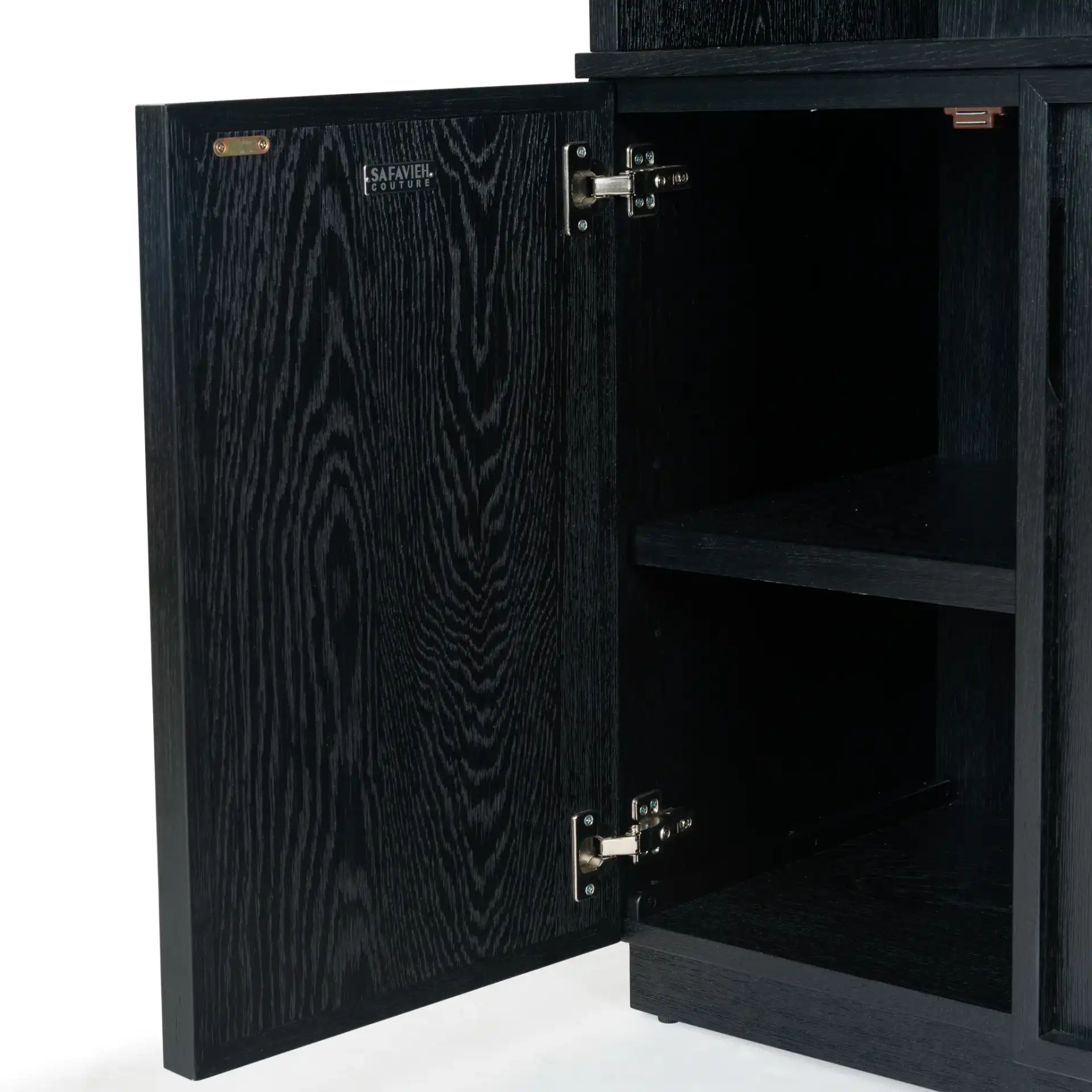 Zeus Four-Shelf Wood Bookcase in Black in a styled room
