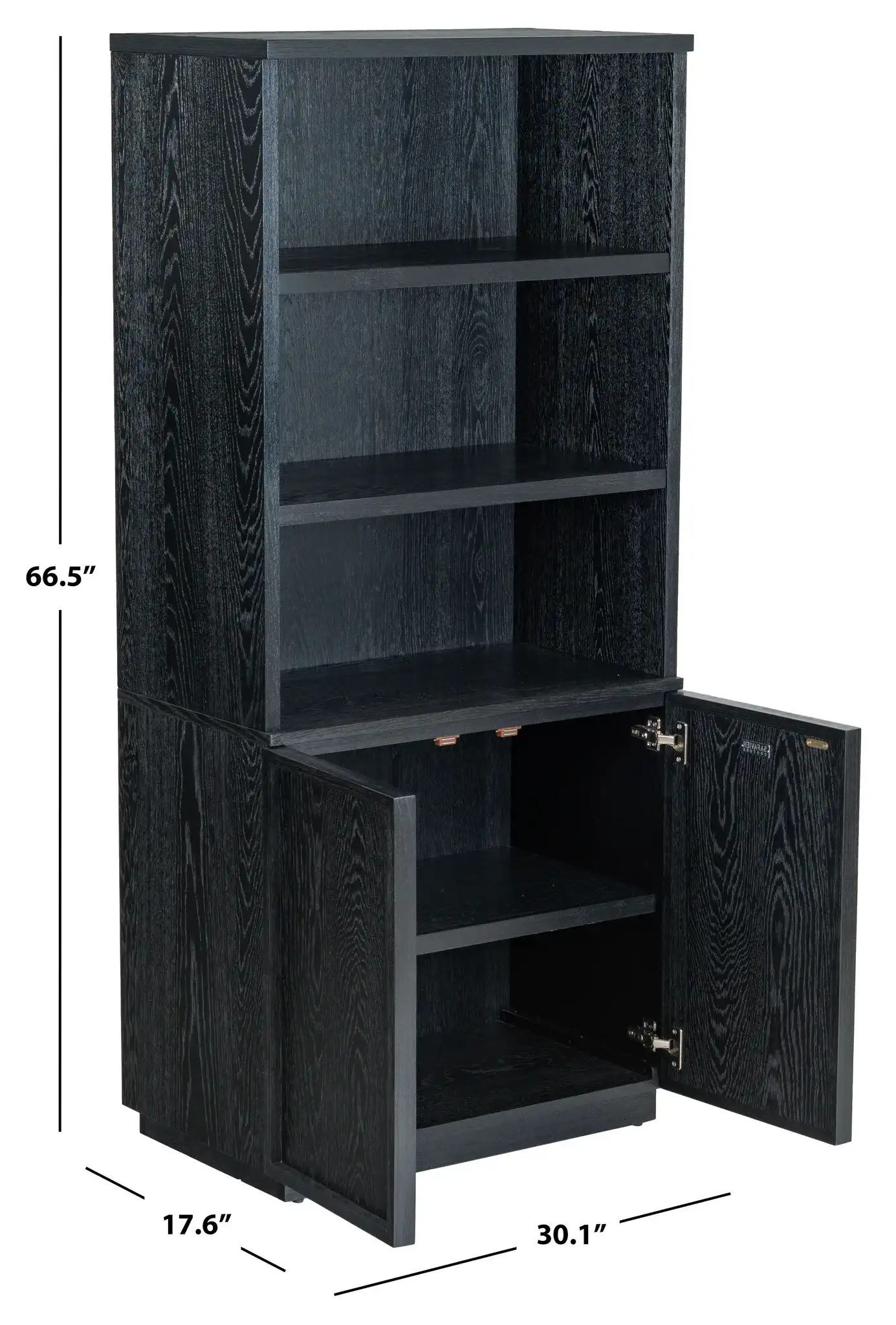 Zeus Four-Shelf Wood Bookcase in Black, detail view