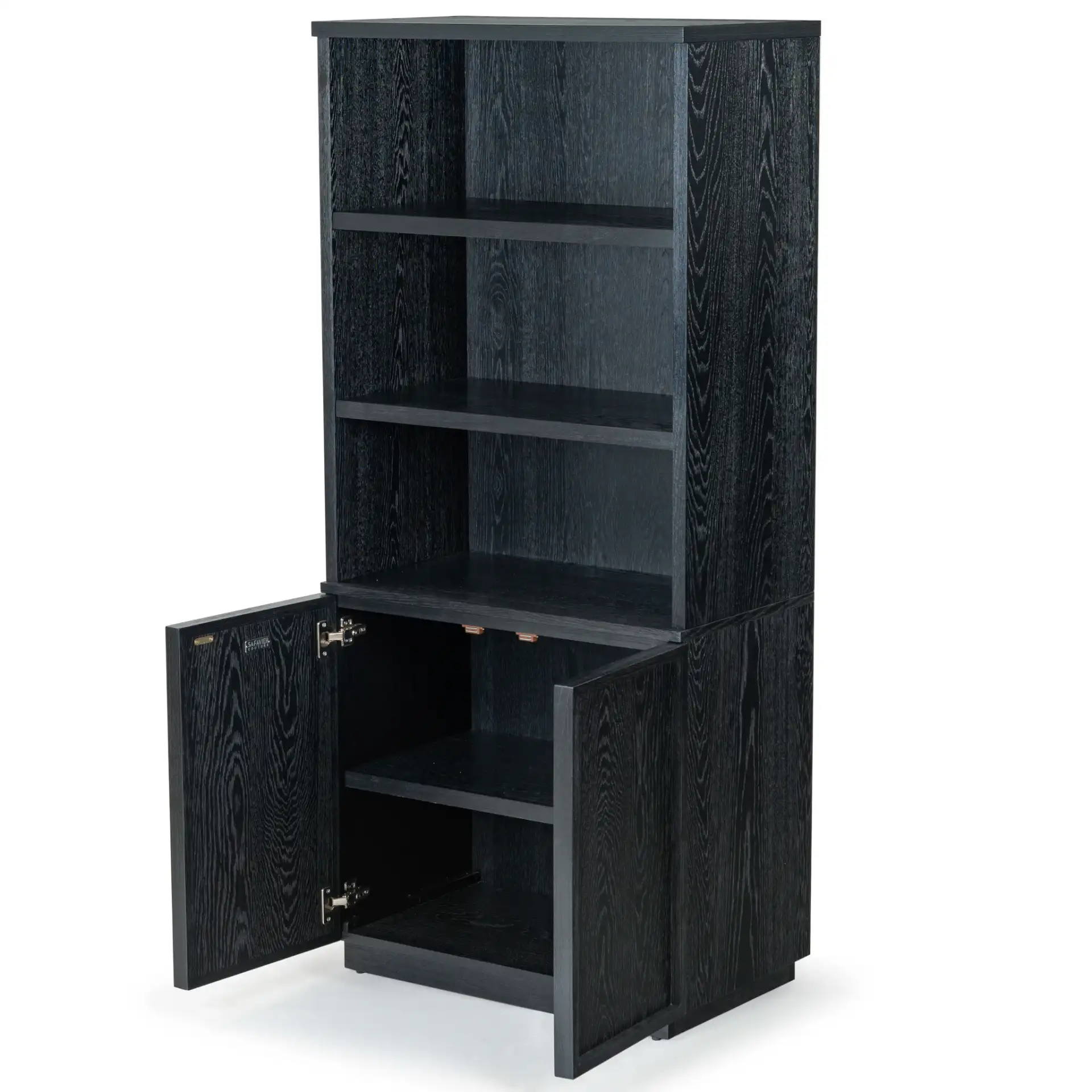 Zeus Four-Shelf Wood Bookcase in Black, detail view