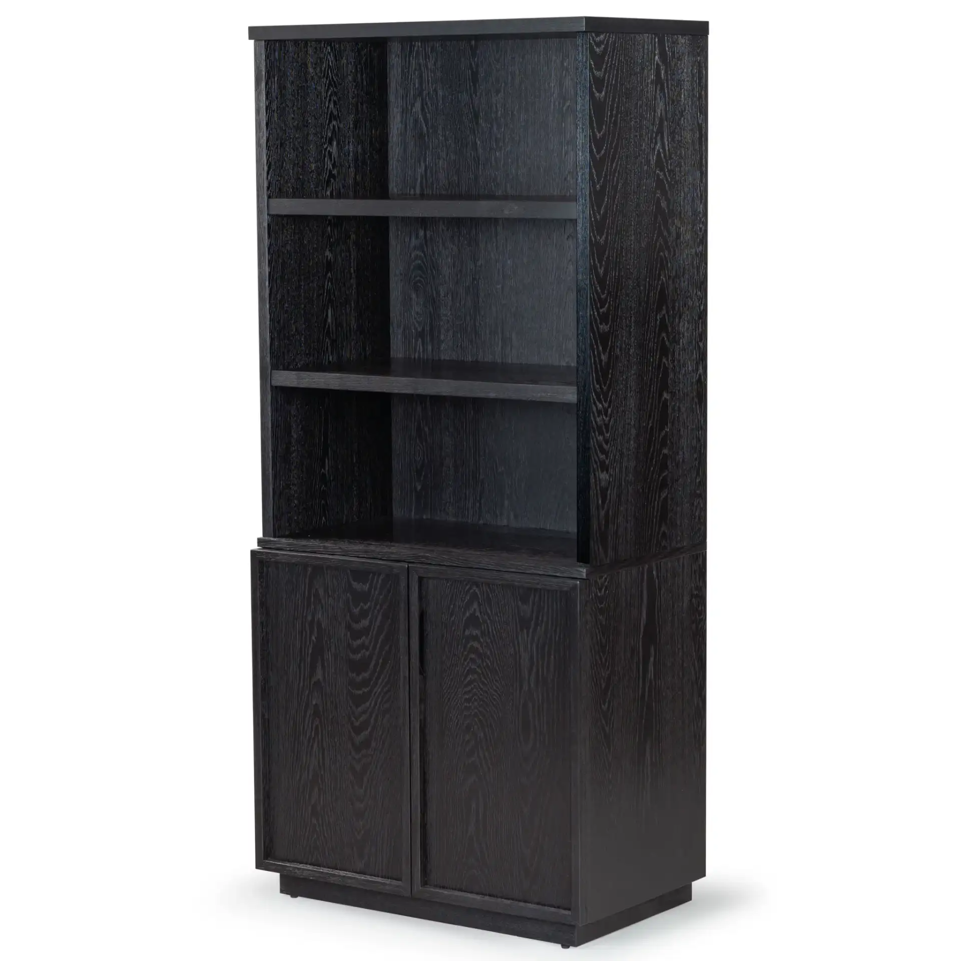Zeus Four-Shelf Wood Bookcase in Black, detail view