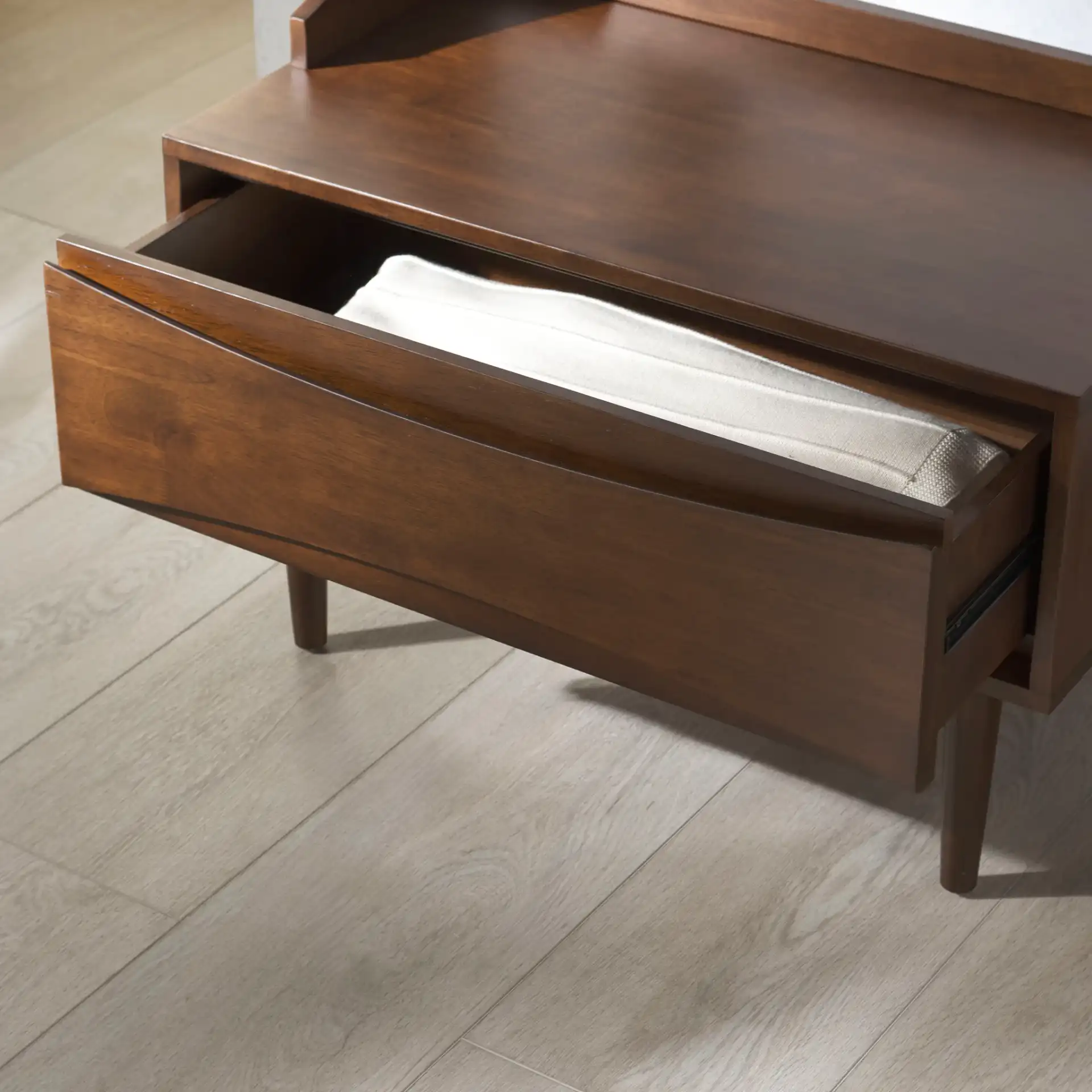 Pitta Wood One-Drawer Hall Tree in Walnut / Gold in a styled room
