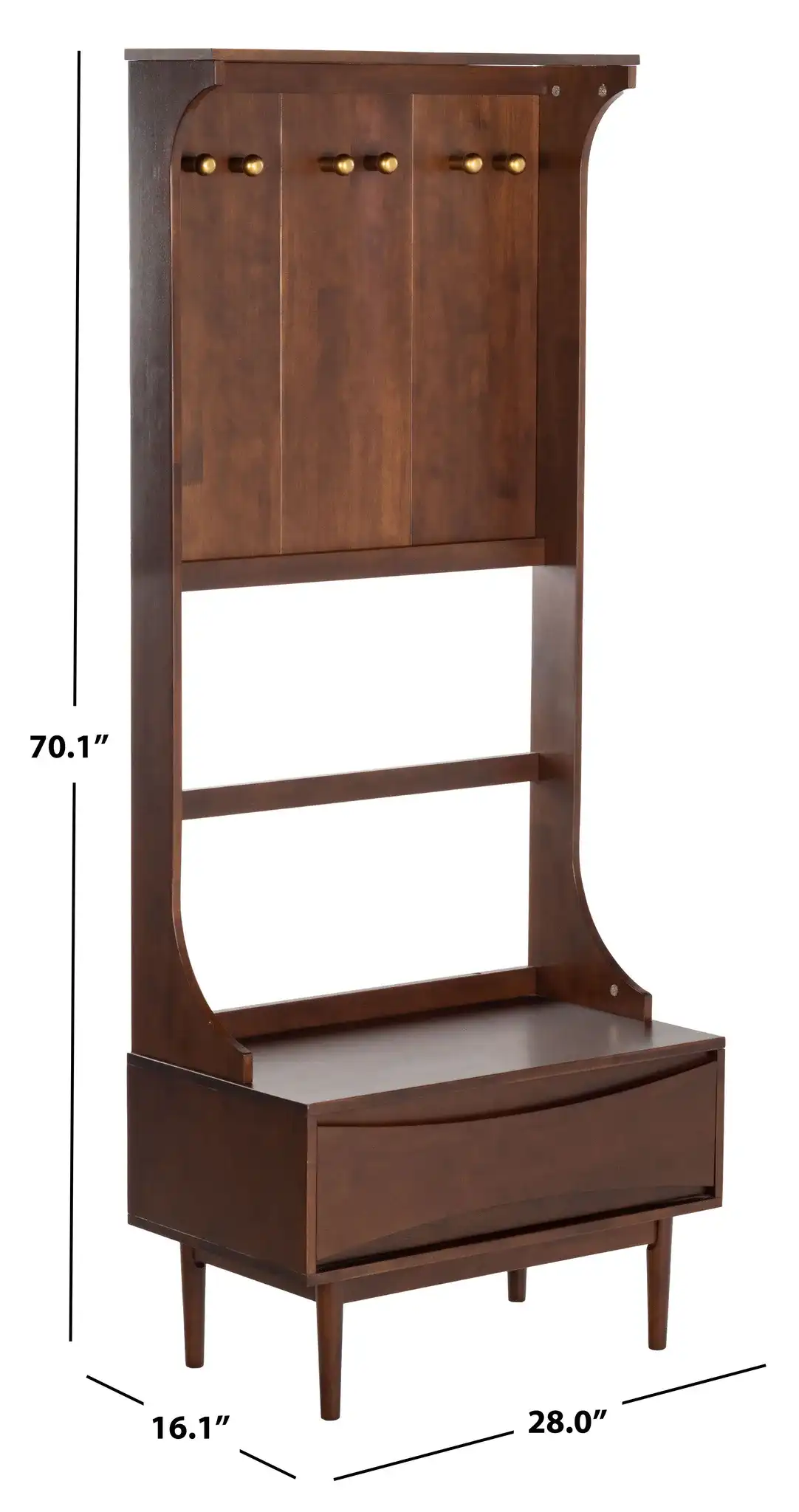 Pitta Wood One-Drawer Hall Tree in Walnut / Gold, detail view