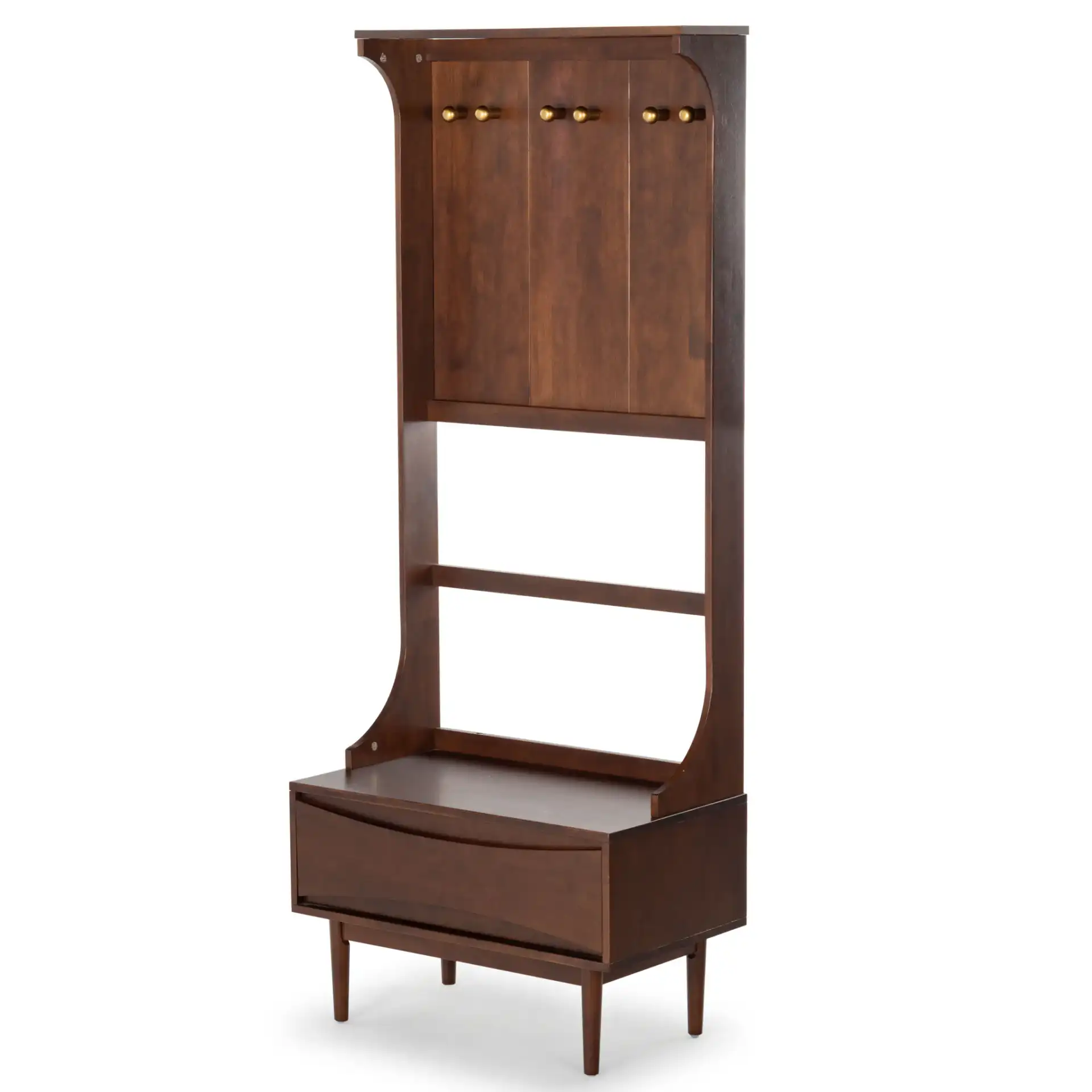 Pitta Wood One-Drawer Hall Tree in Walnut / Gold, detail view