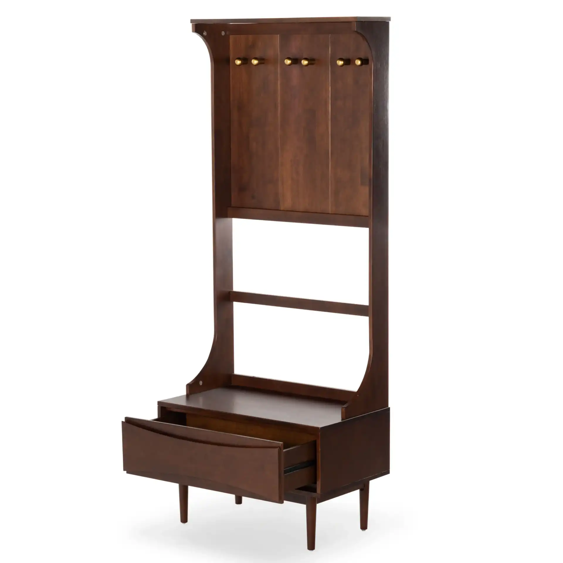 Pitta Wood One-Drawer Hall Tree in Walnut / Gold, detail view