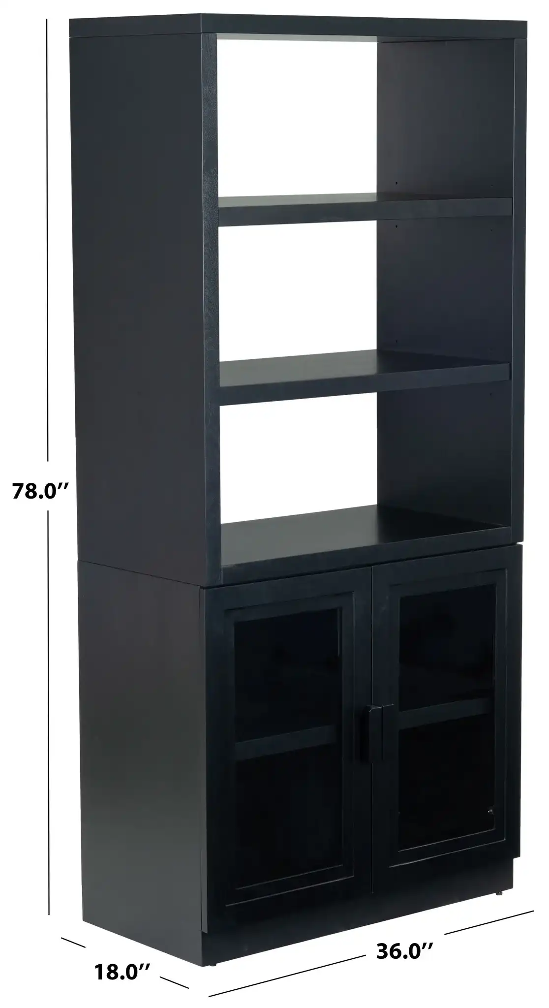 Roades Glass Cabinet Bookcase in Black, detail view