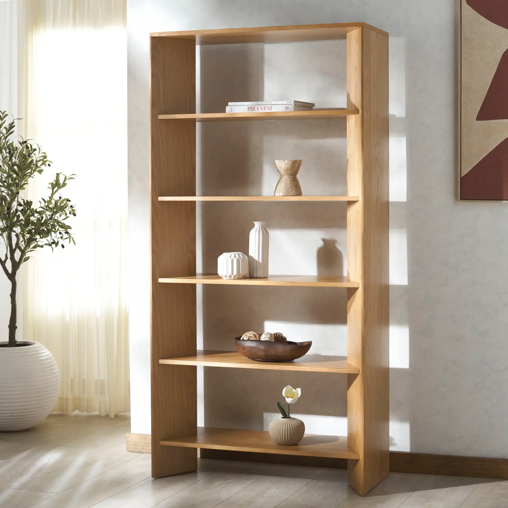 Norrington Five-Shelf Bookshelf in Natural in a styled room