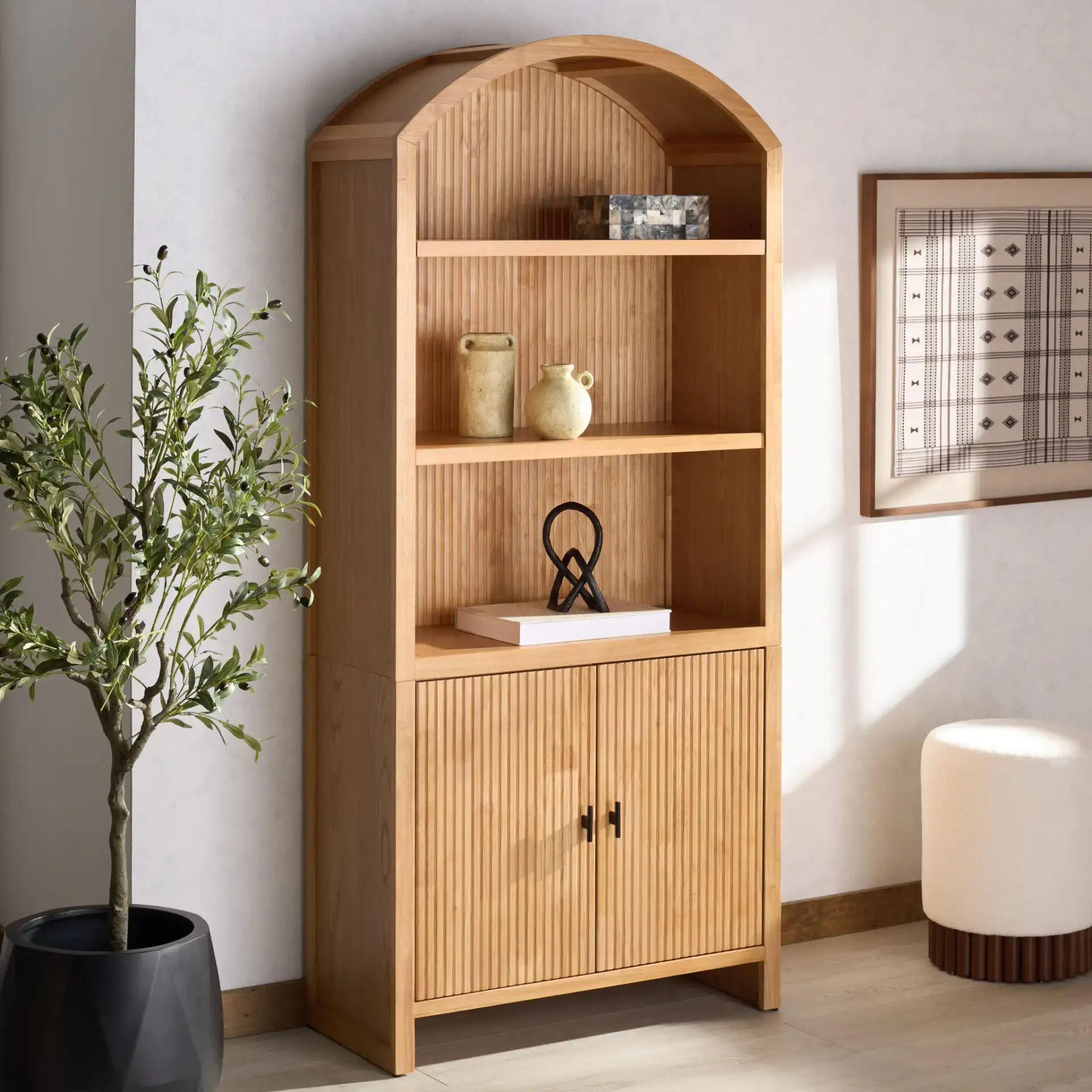 Elladora Ribbed Wood Bookcase in Natural / Black in a styled room