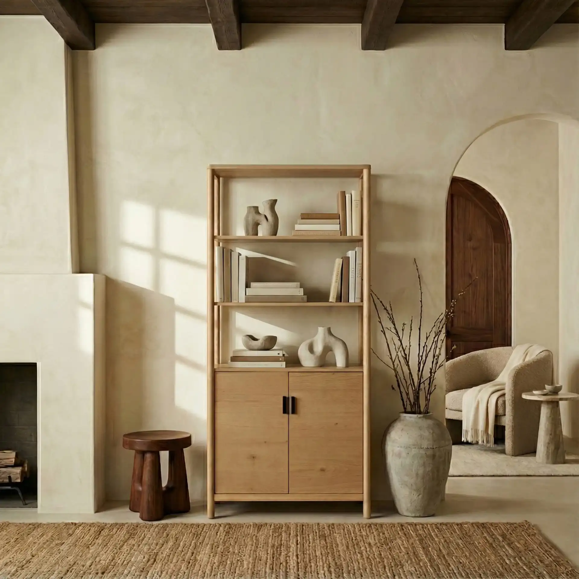 Jaylessa 5 Shelf Wood Bookcase in Natural in a styled room