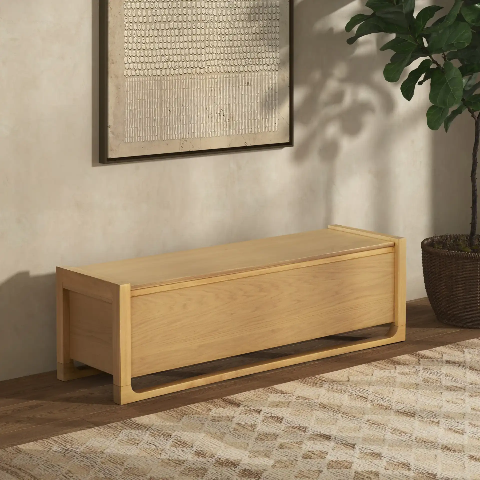 Tyrell Wood Storage Bench in Natural in a styled room