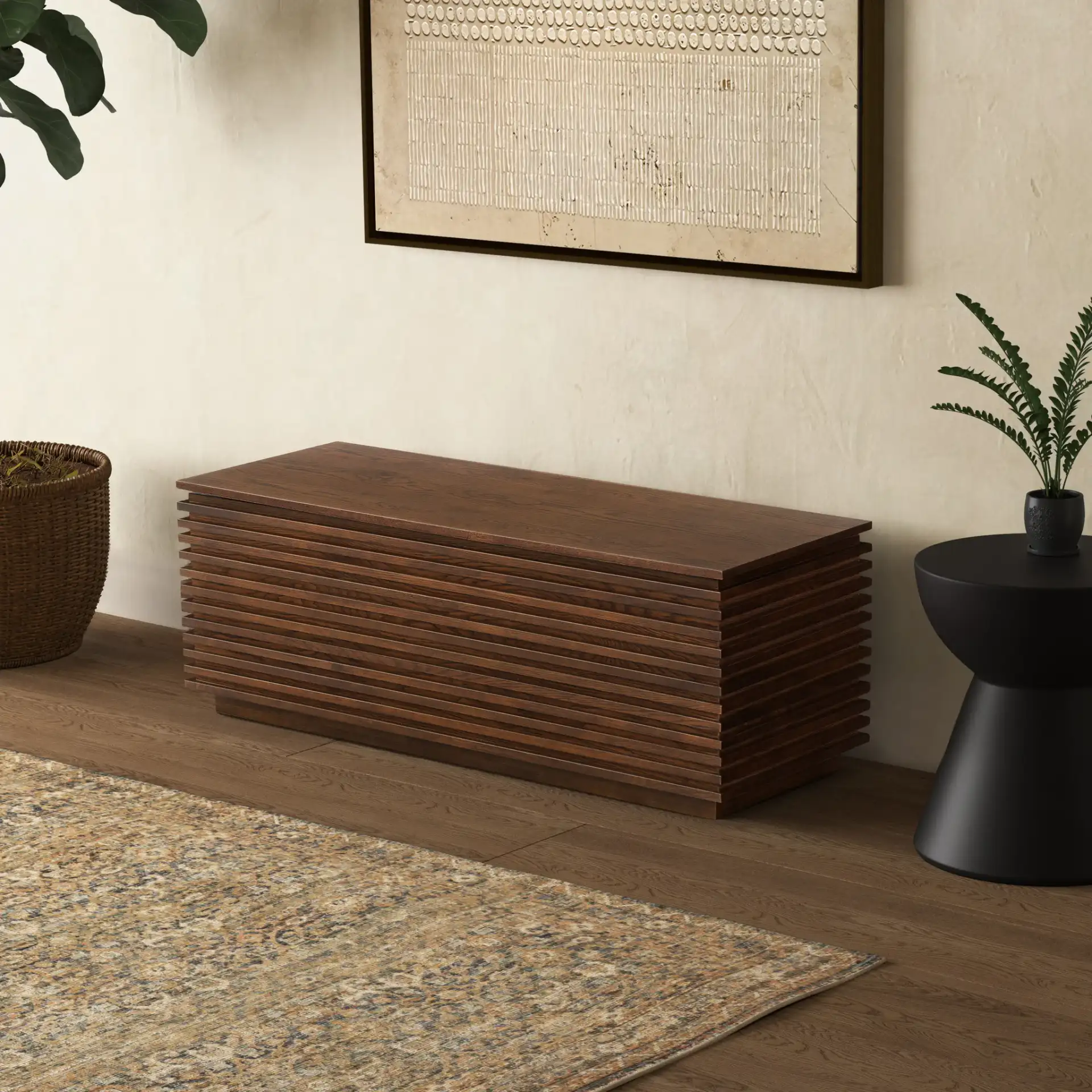 Zuzu Wood Storage Bench in Walnut in a styled room