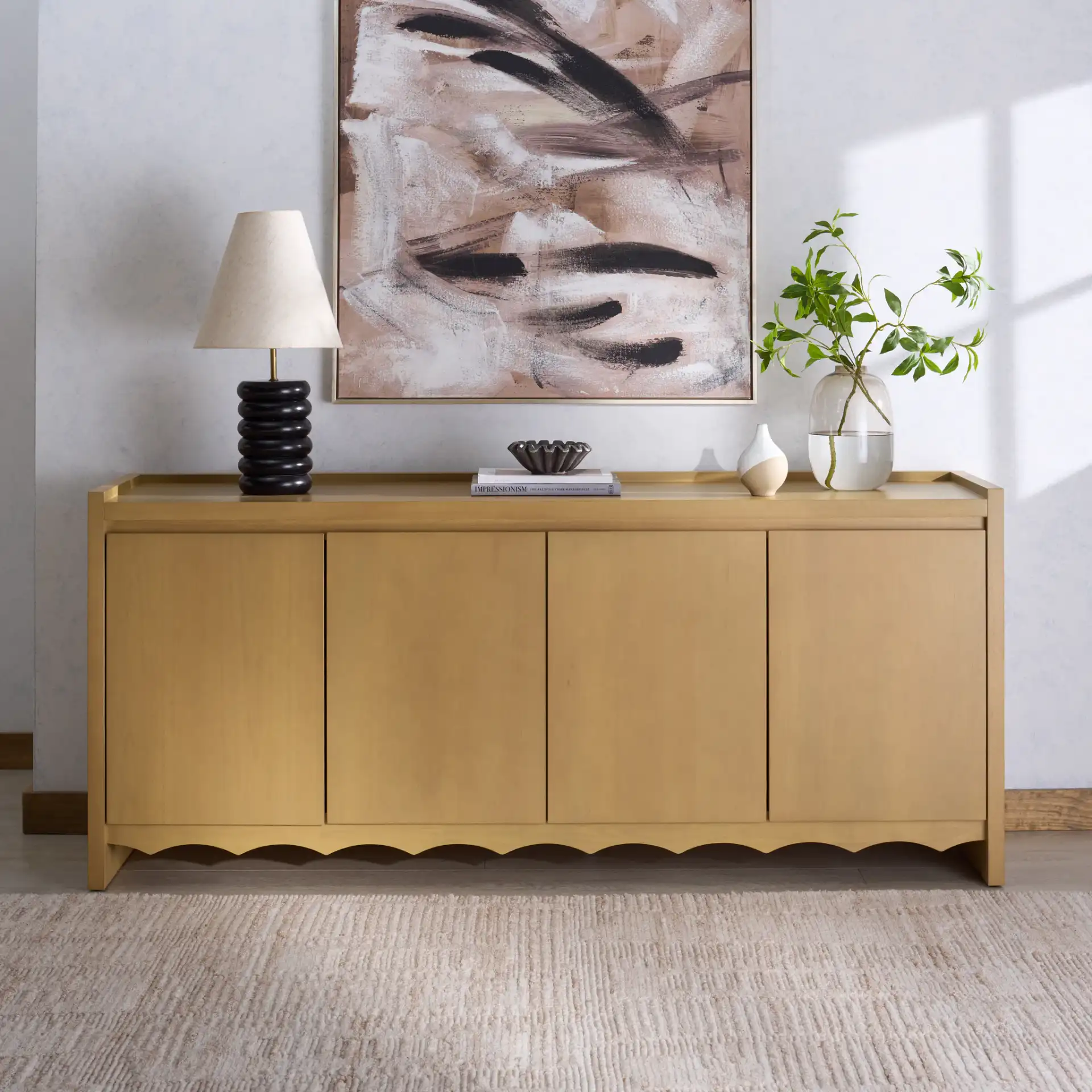 Rhylee Four-Door Wood Sideboard in Natural in a styled room
