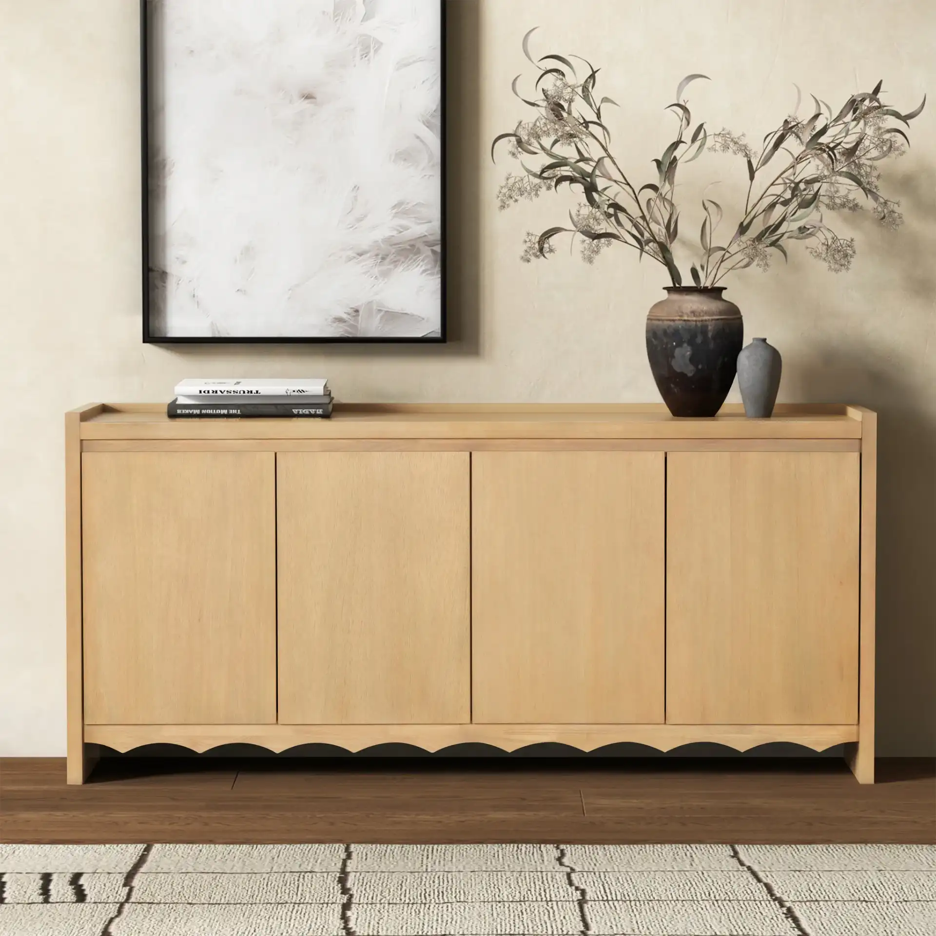 Rhylee Four-Door Wood Sideboard in Natural in a styled room
