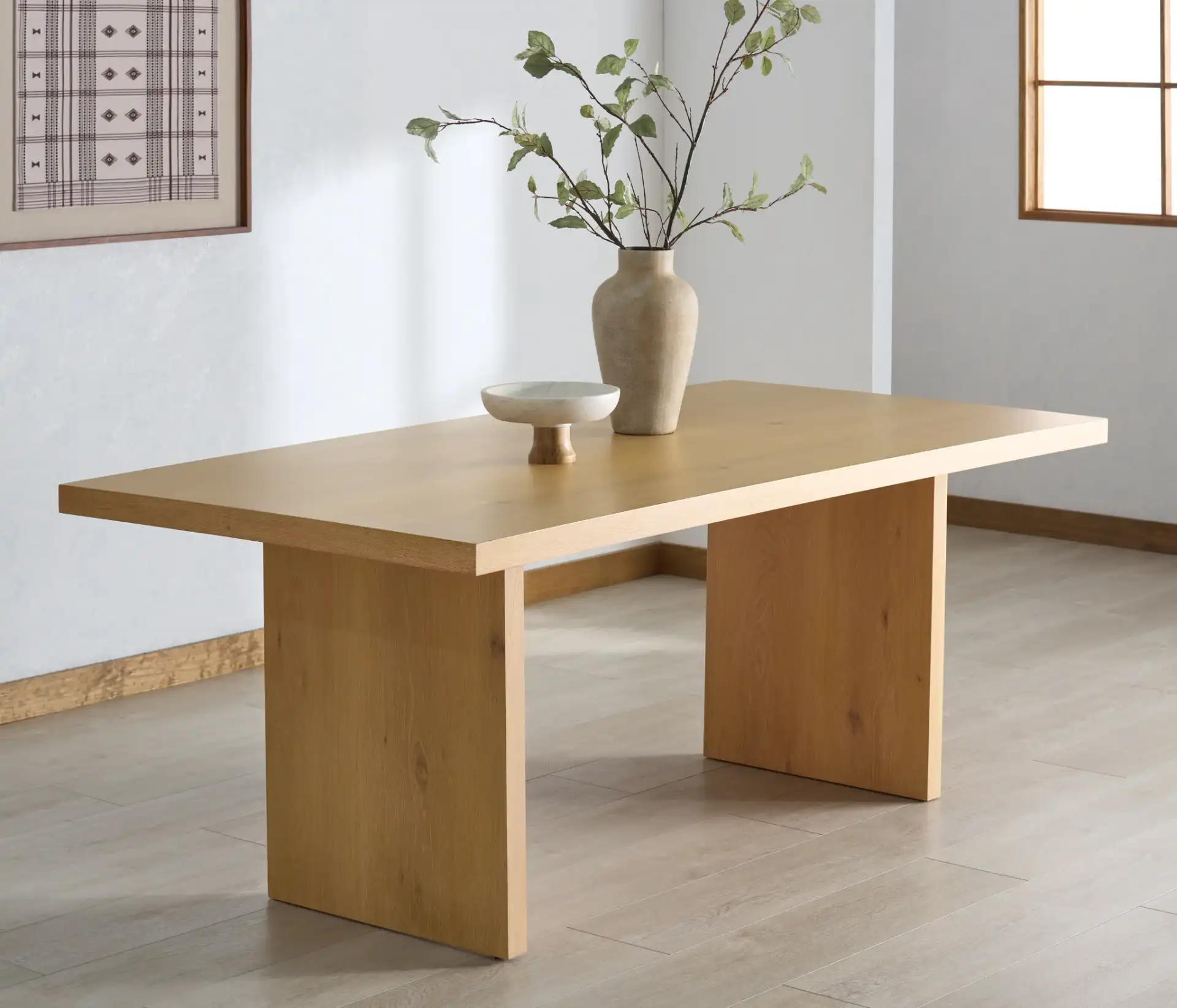 Shelbee Wood Rectangular Dining Table in Natural Cerused Oak in a styled room