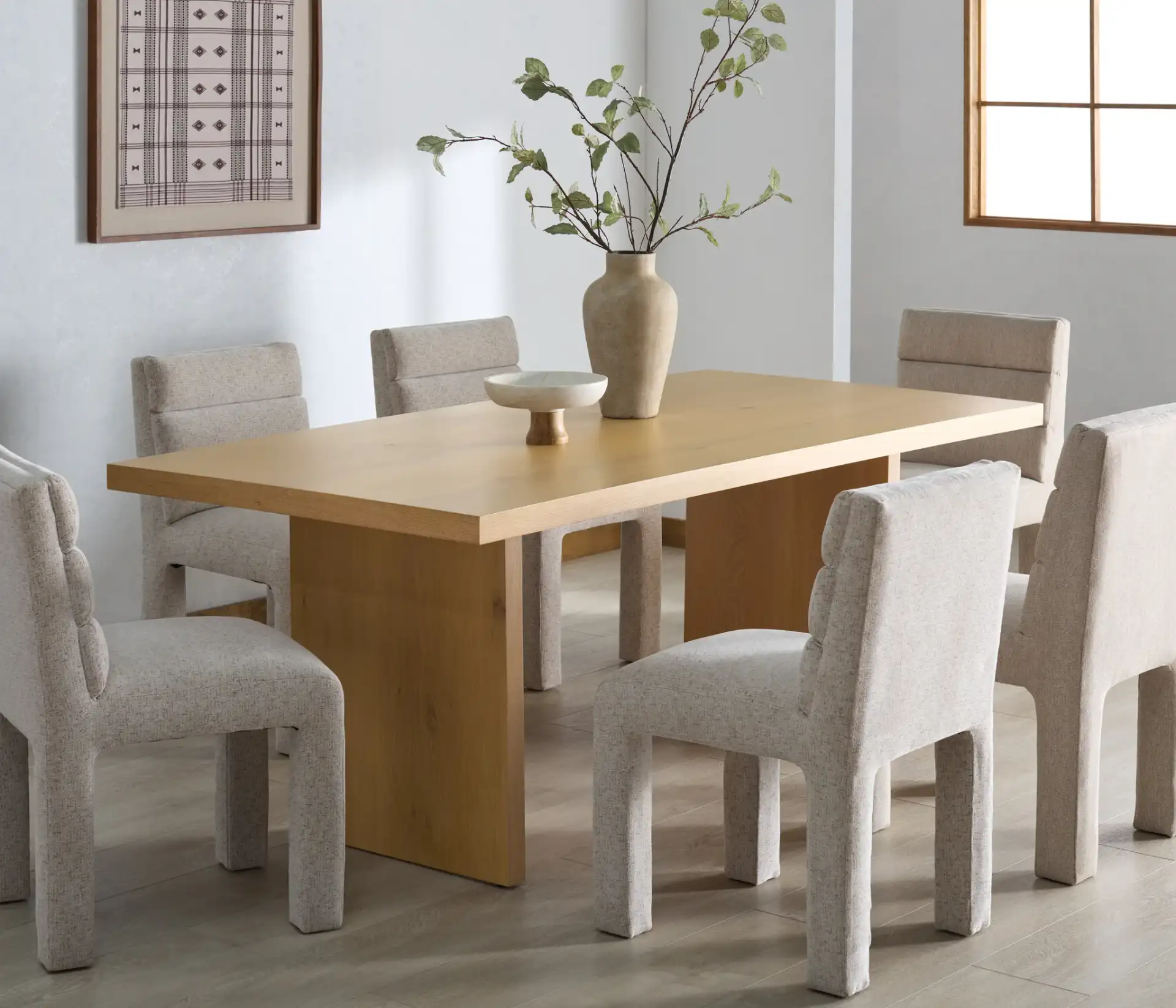 Shelbee Wood Rectangular Dining Table in Natural Cerused Oak in a styled room