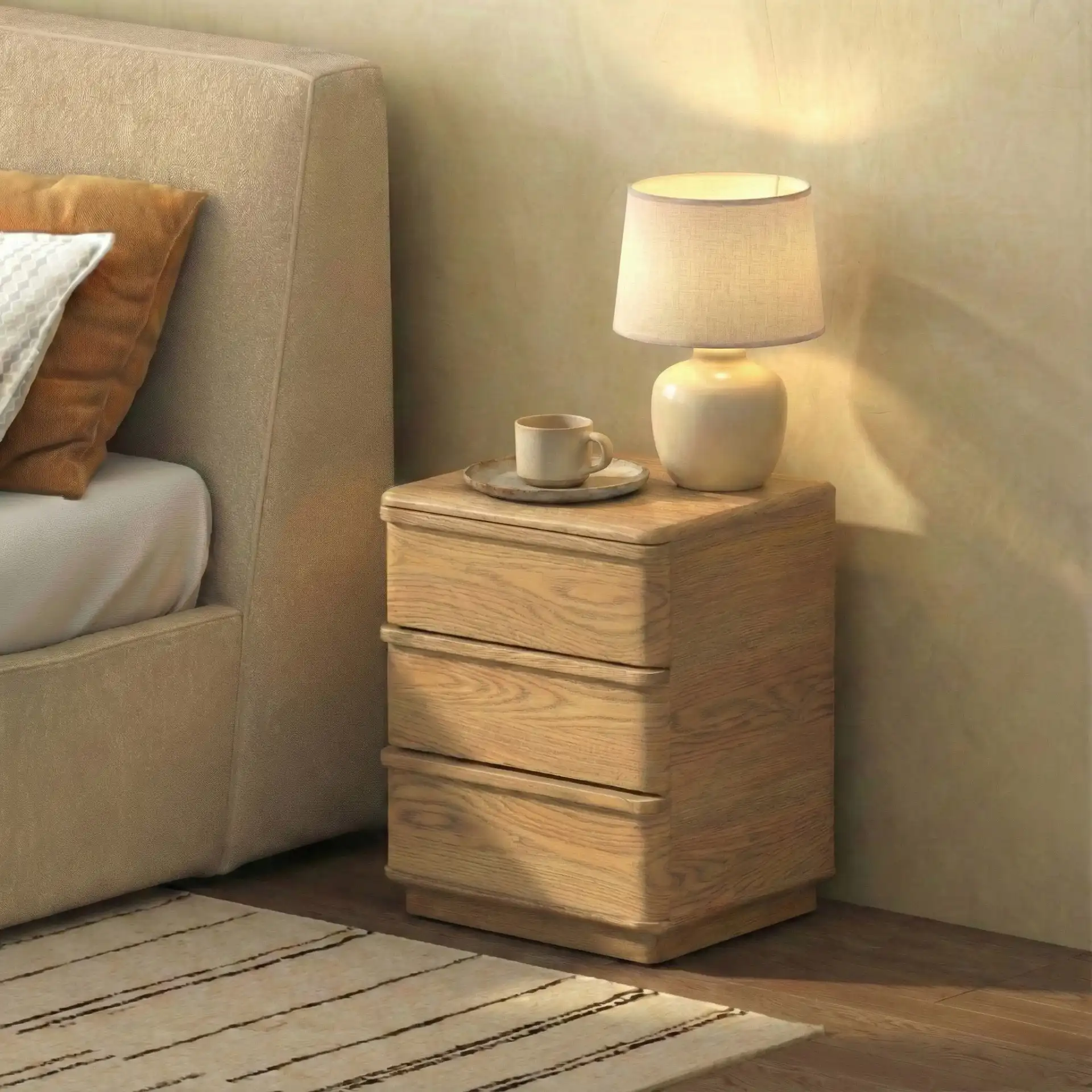 Guillermo Three-Drawer Nightstand in Natural in a styled room