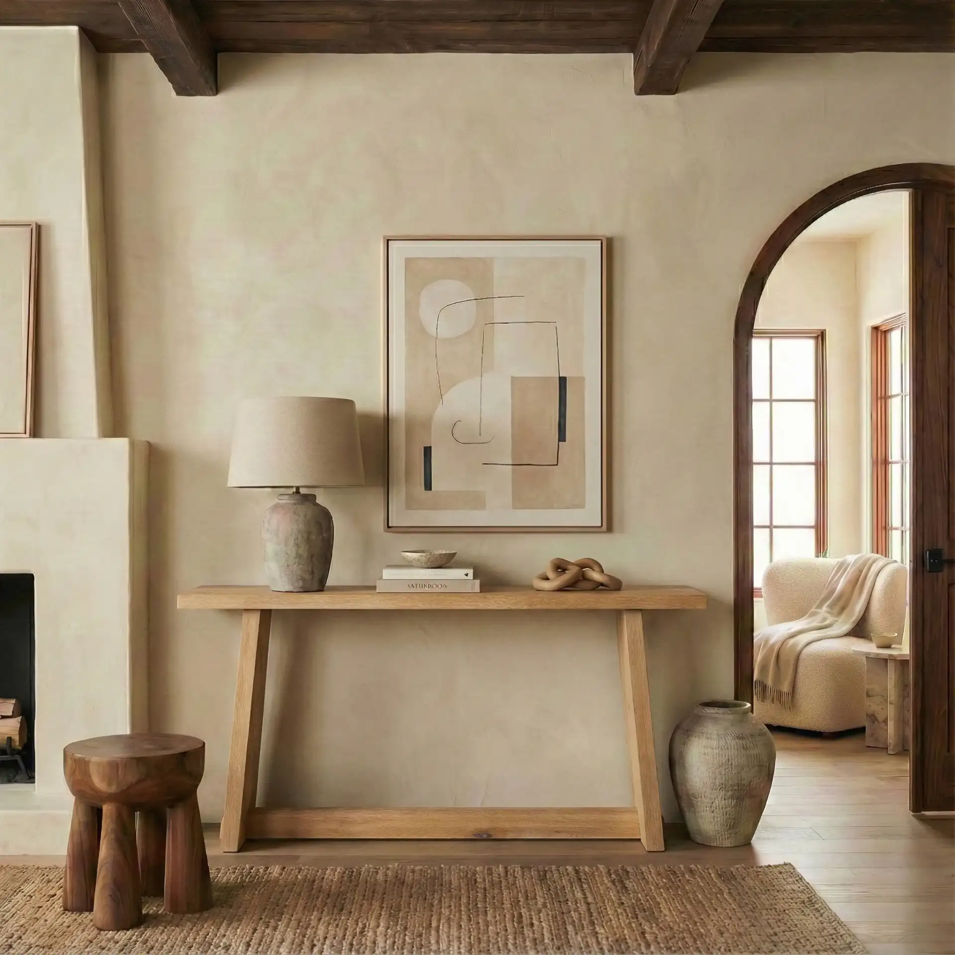 Maliq Wood Console Table in Natural in a styled room