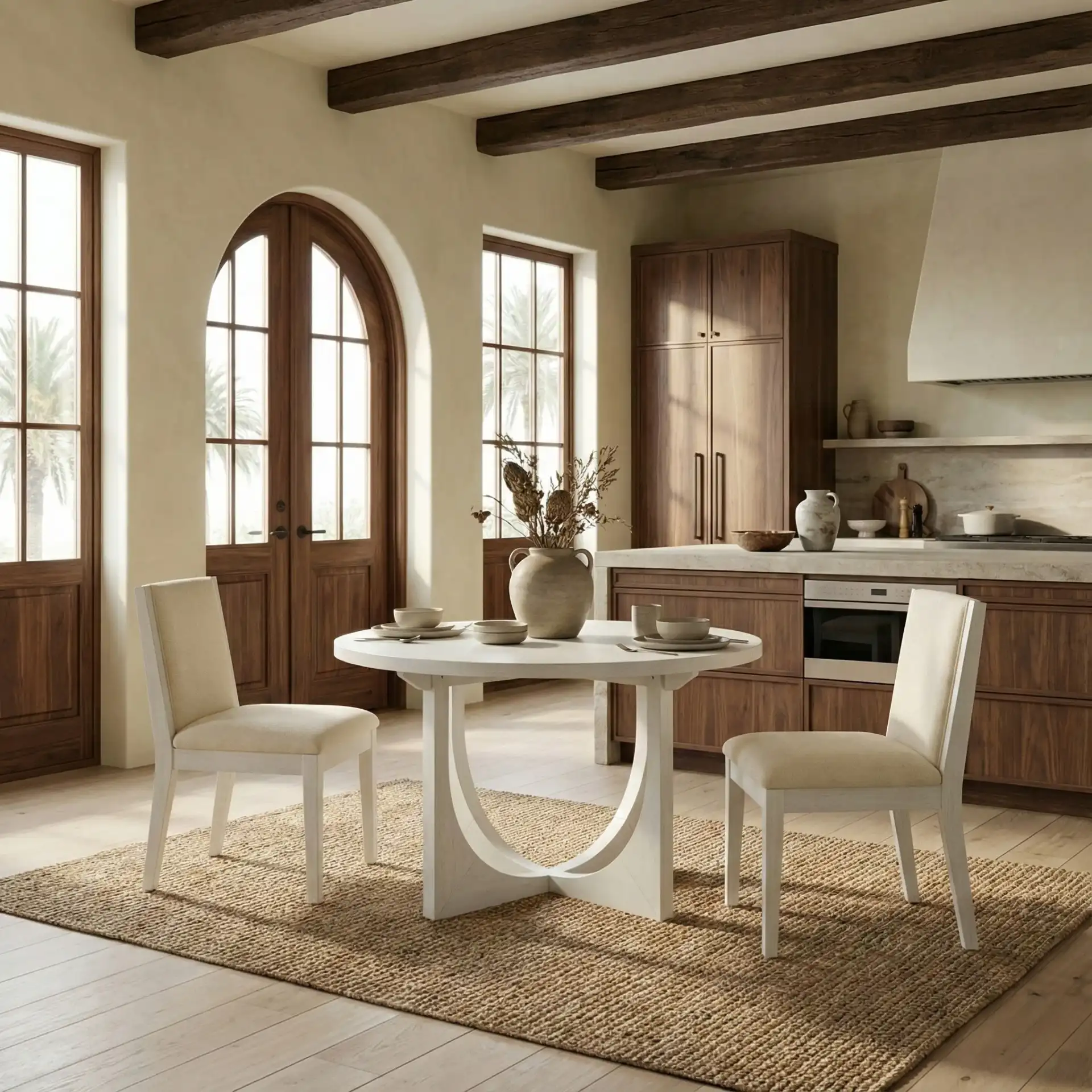 Clarastella Round Wood Dining Table in White in a styled room