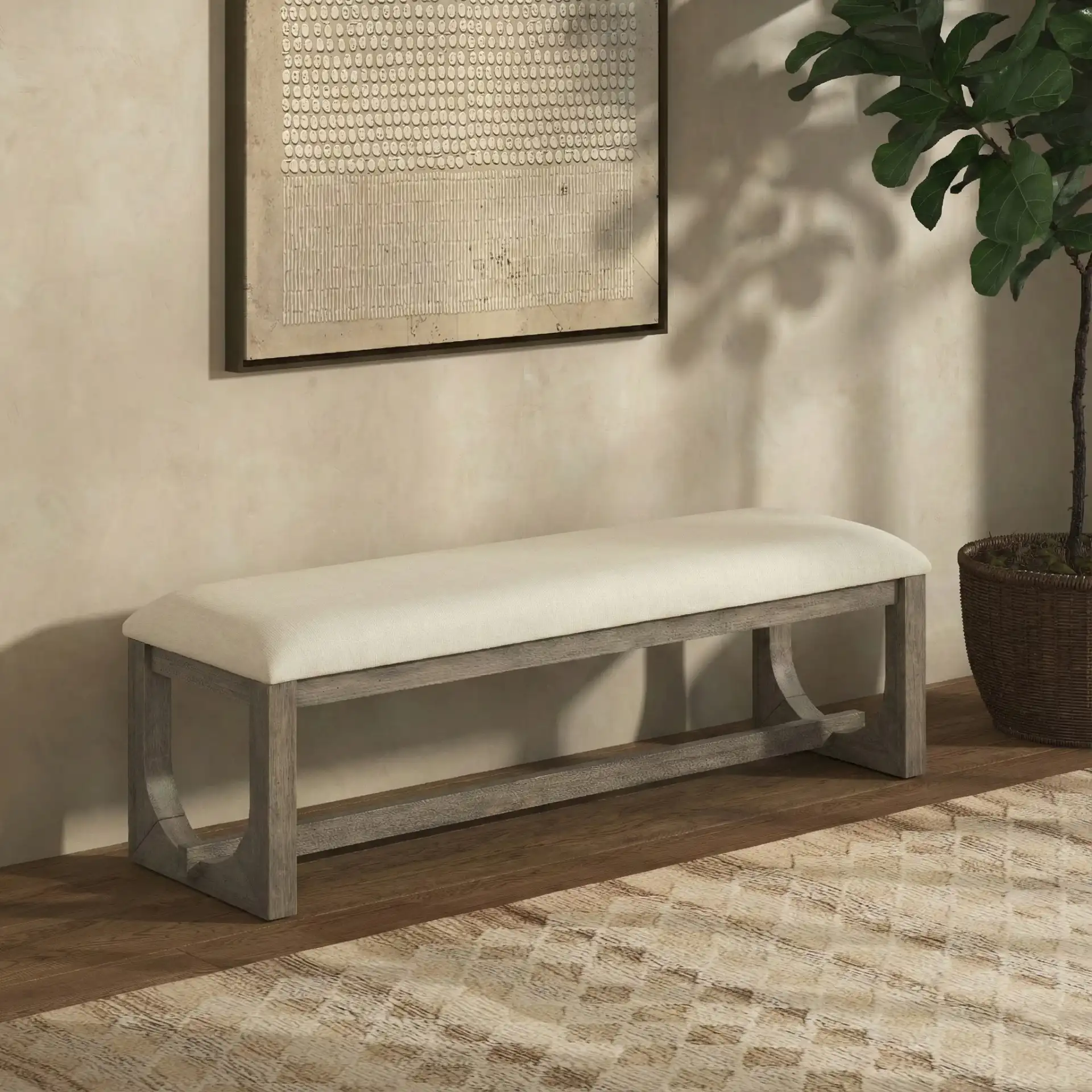 Doriella Wood Bench in Walnut / Beige in a styled room