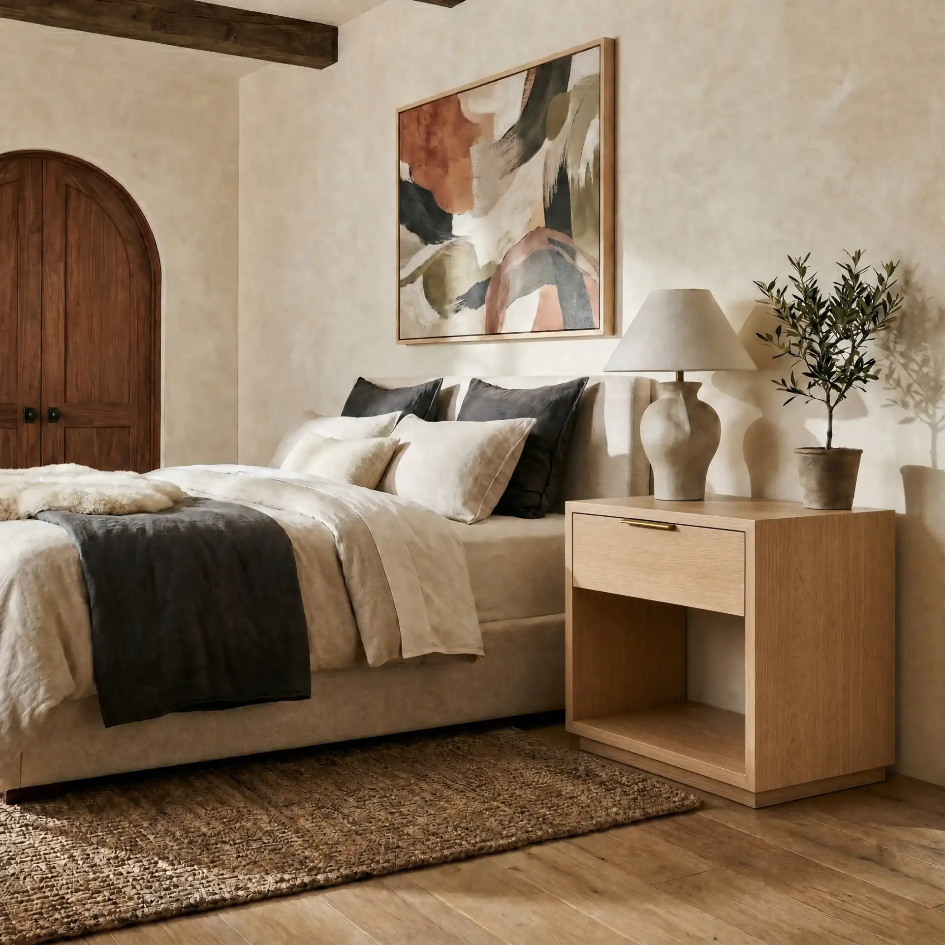 Gabribecca One-Drawer Nightstand in Greige Oak in a styled room