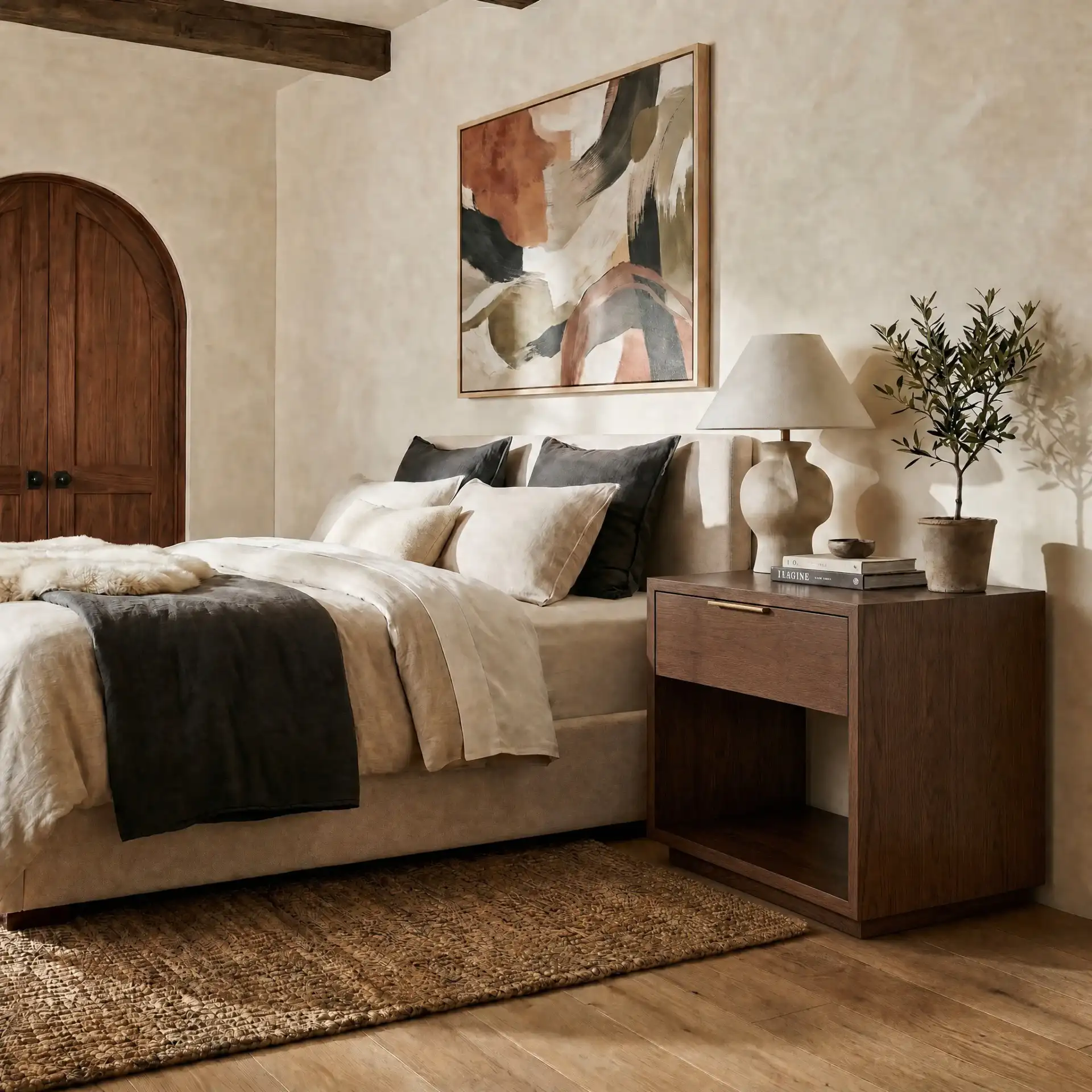 Gabribecca One-Drawer Nightstand in Walnut in a styled room