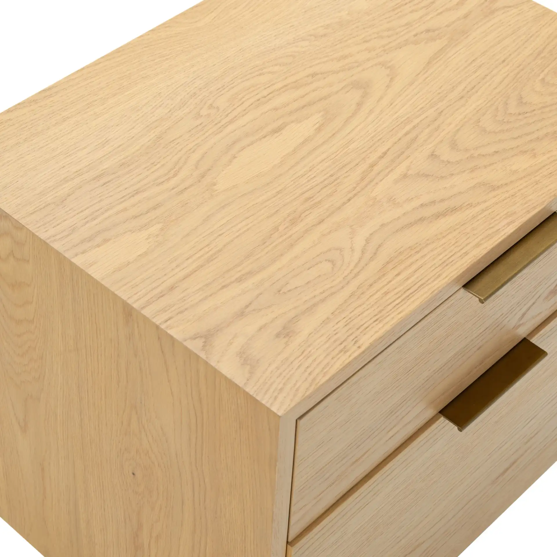 Gabribecca Two-Drawer Nightstand in Greige Oak in a styled room