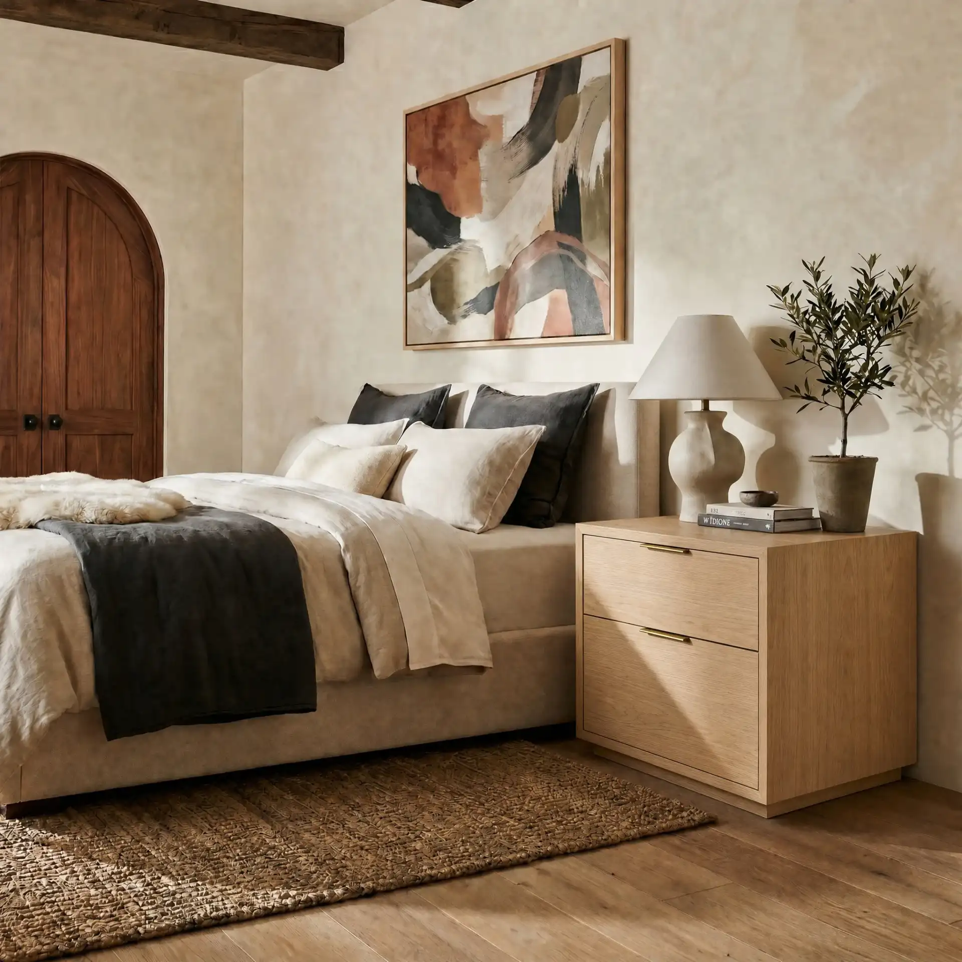 Gabribecca Two-Drawer Nightstand in Greige Oak in a styled room