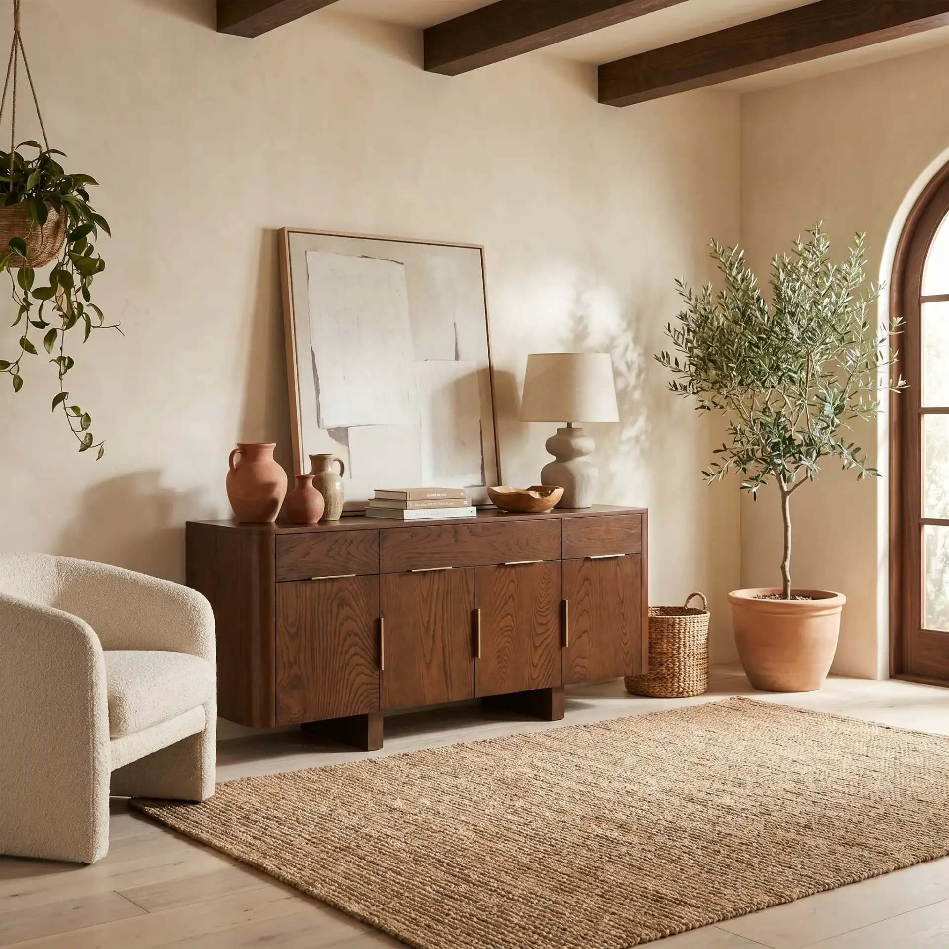 Dorothea Three-Drawer Wood Sideboard in Walnut in a styled room