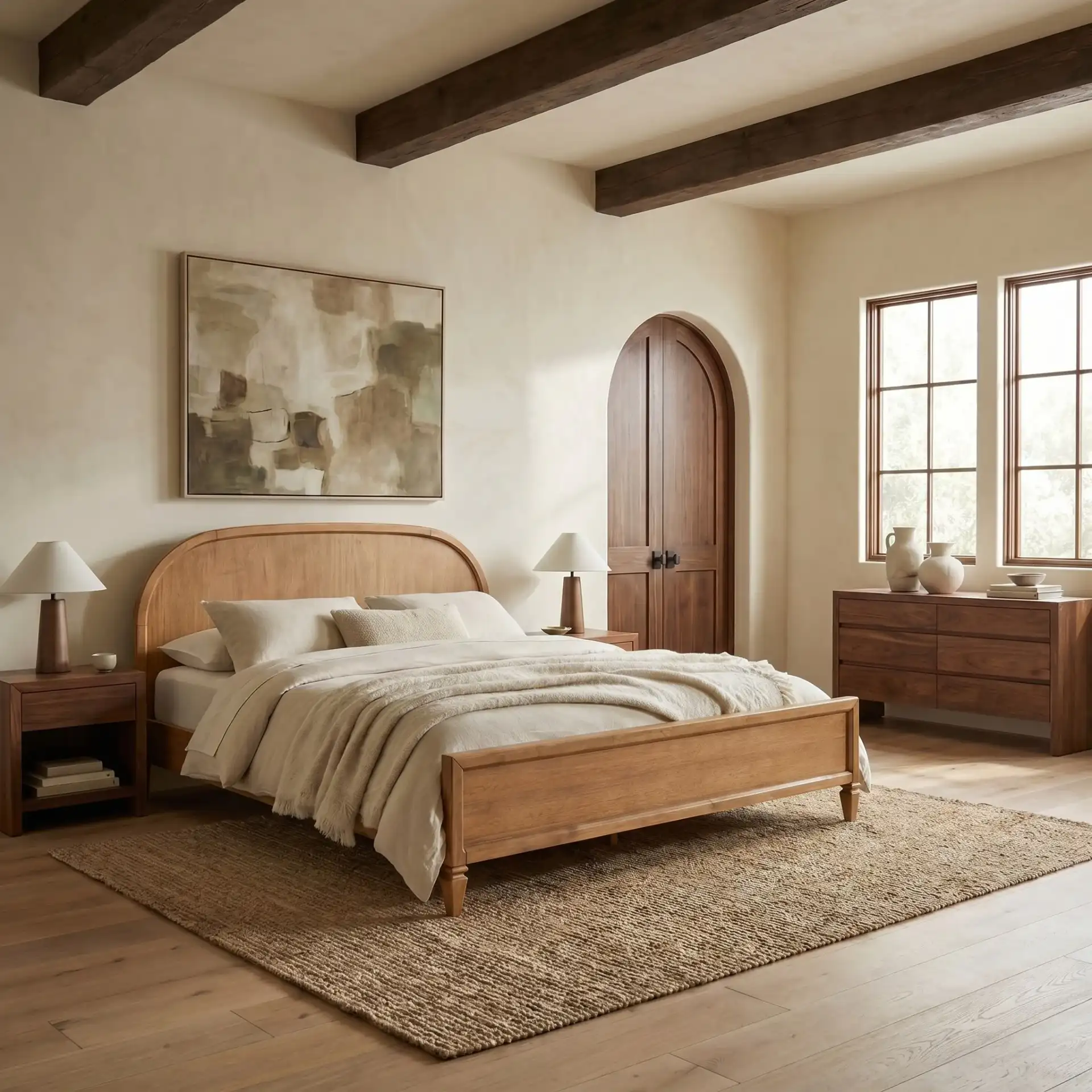 Mandie Wood King Bed in Light Brown in a styled room