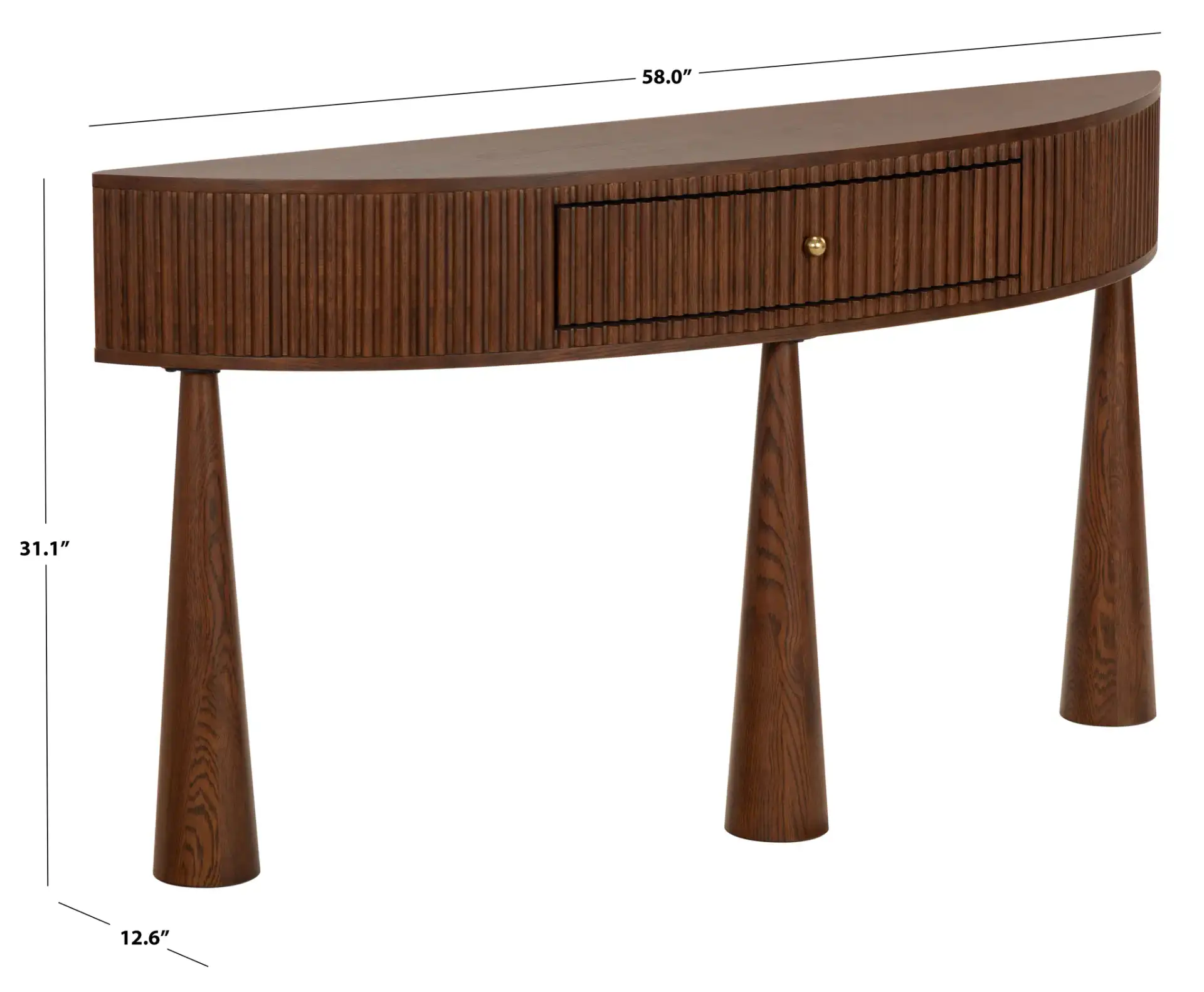 Vivietta Fluted Wood Console in Walnut / Brass, detail view