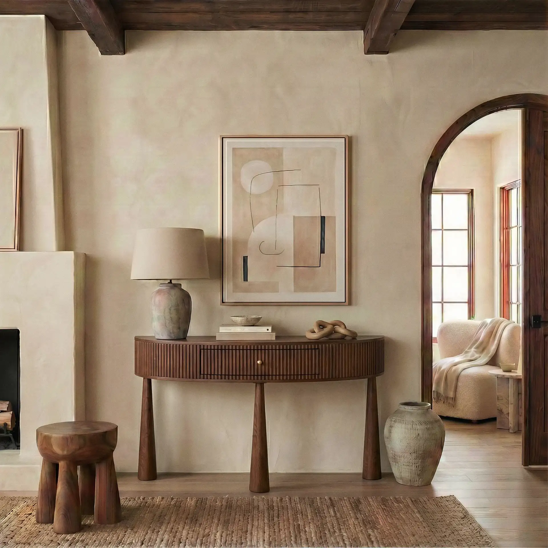 Vivietta Fluted Wood Console in Walnut / Brass in a styled room