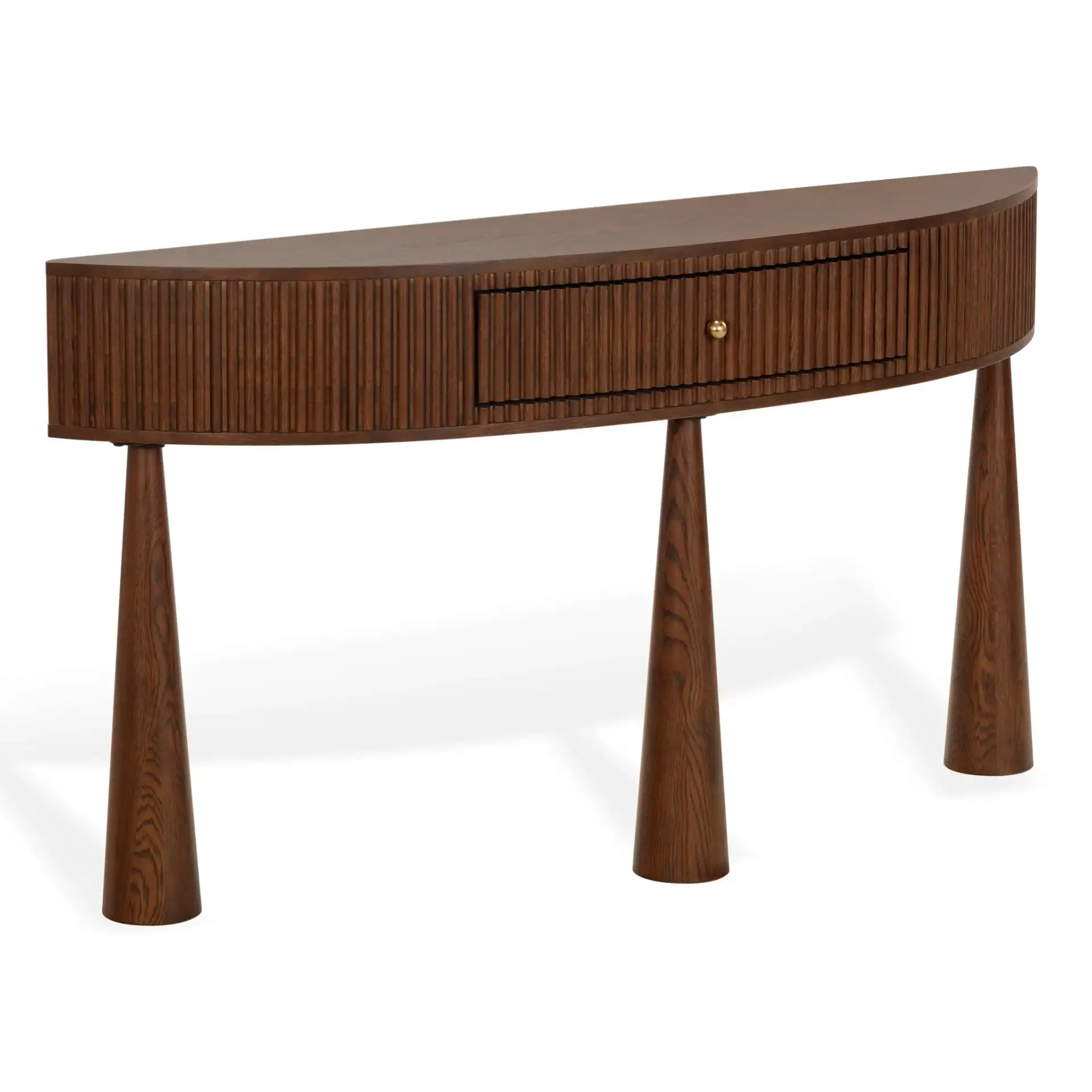 Vivietta Fluted Wood Console in Walnut / Brass, detail view