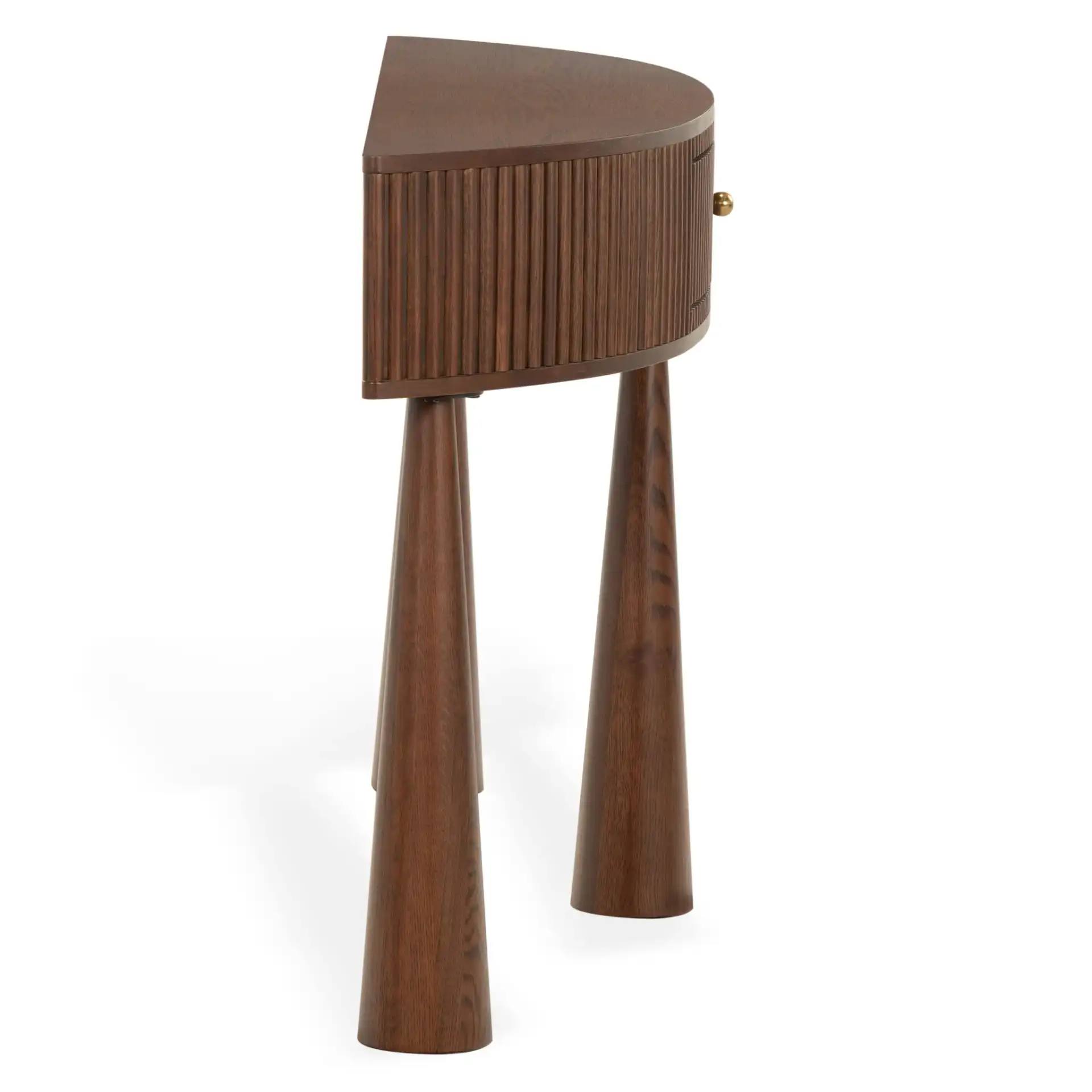 Vivietta Fluted Wood Console in Walnut / Brass, detail view