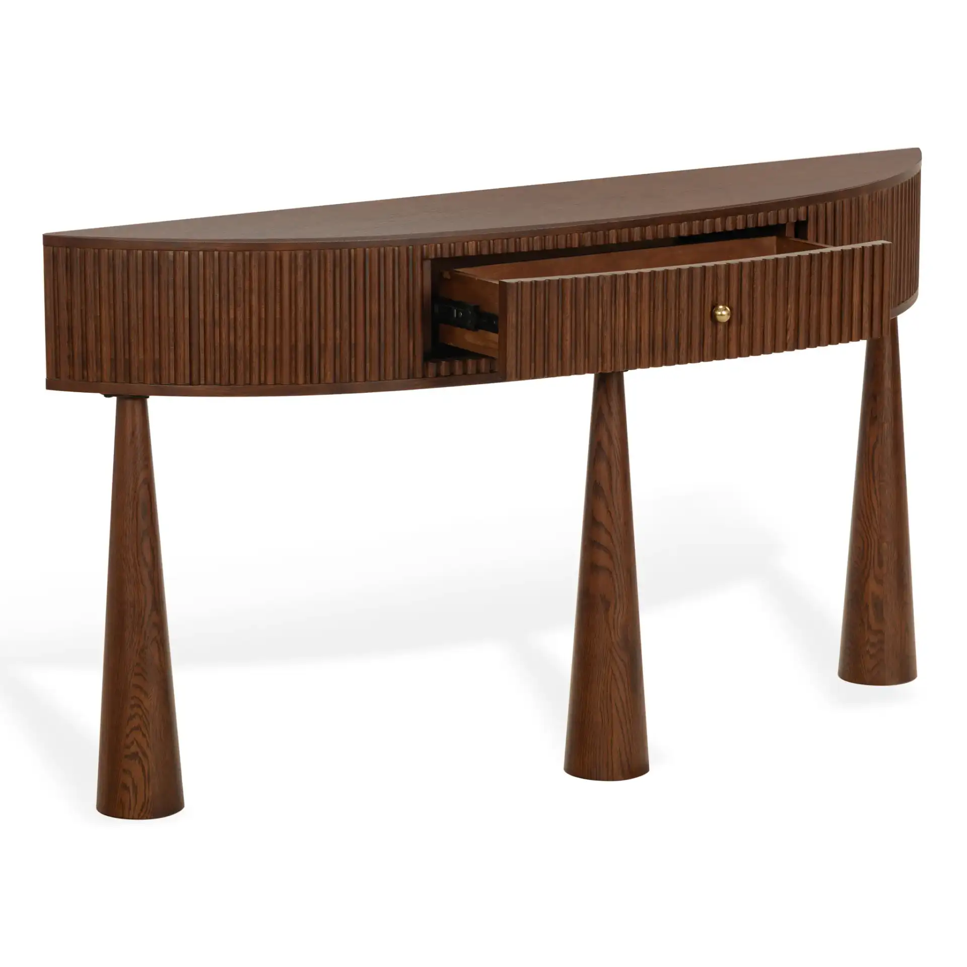 Vivietta Fluted Wood Console in Walnut / Brass, detail view