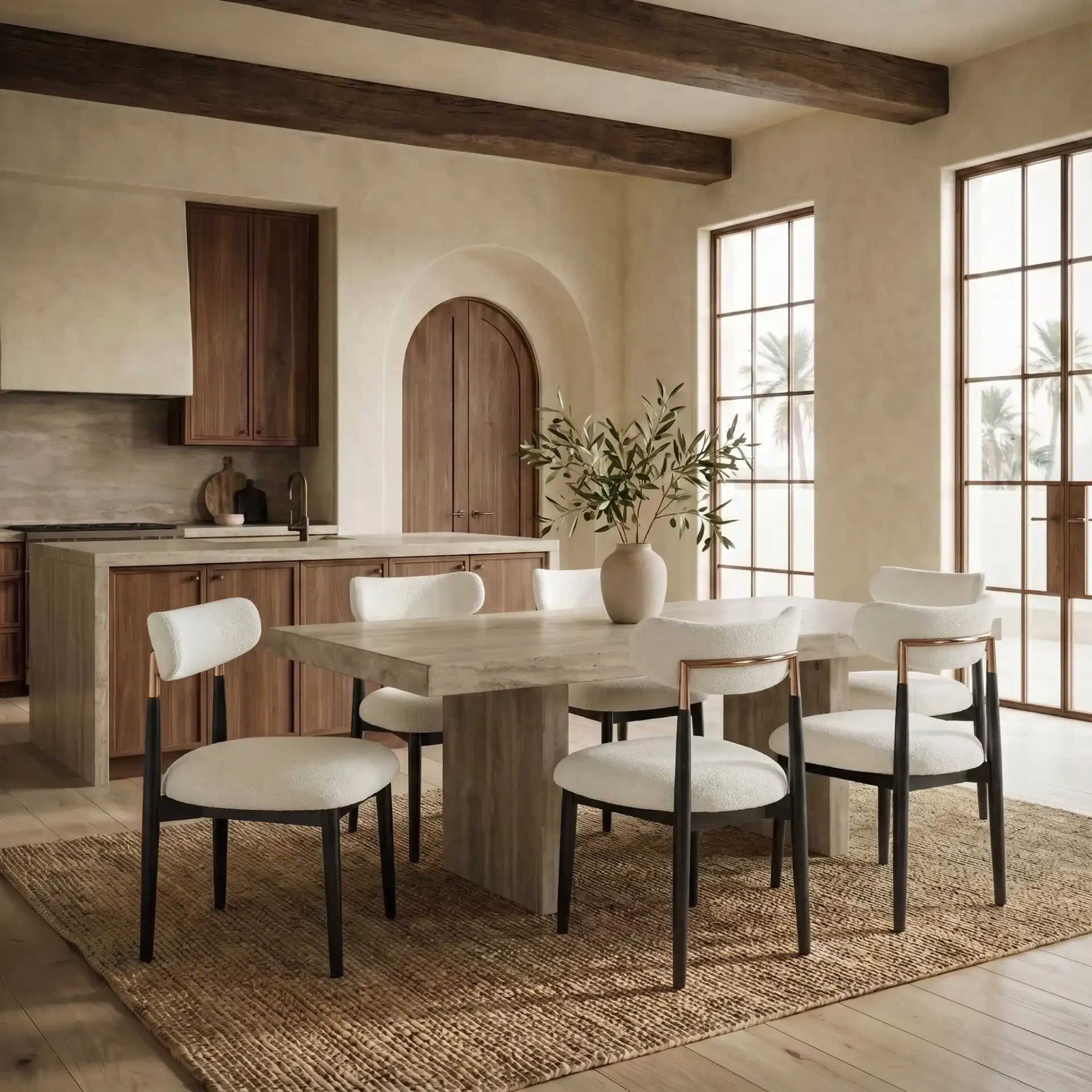 Marisol Boucle Dining Chair in White / Black in a styled room