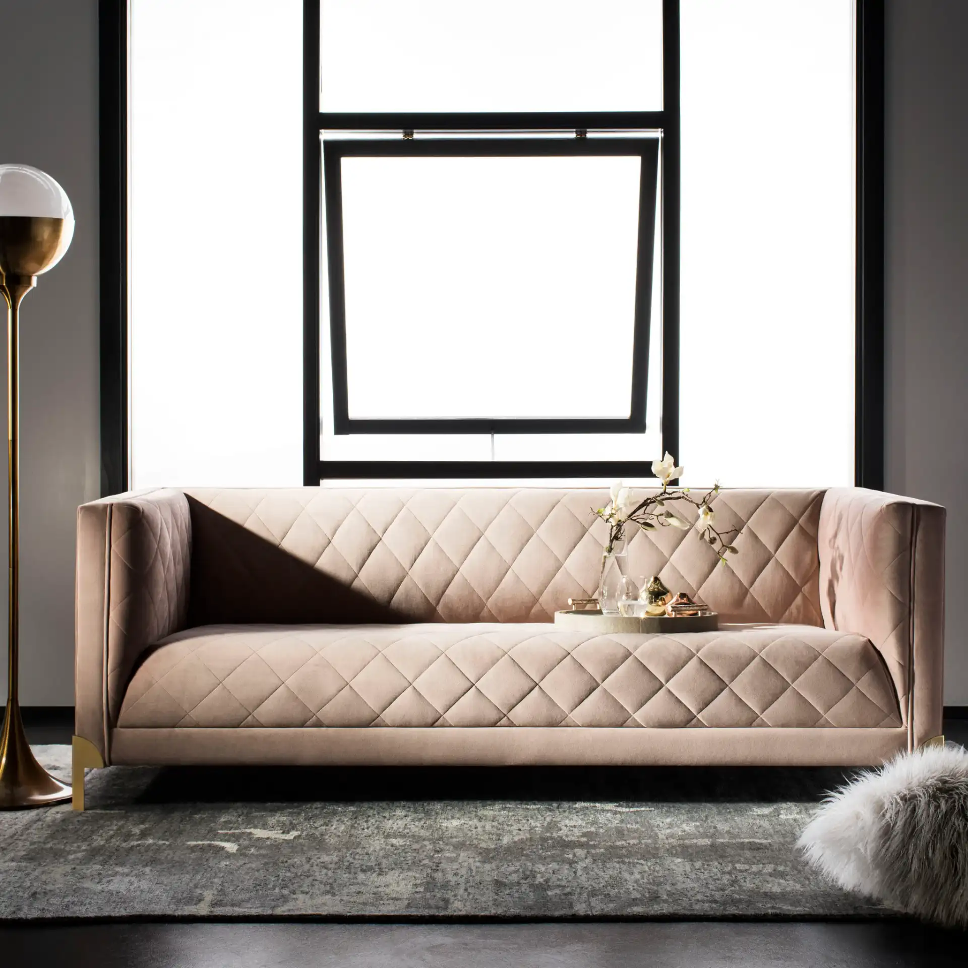 Luanna Diamond Trellis Sofa in Pale Mauve in a styled room