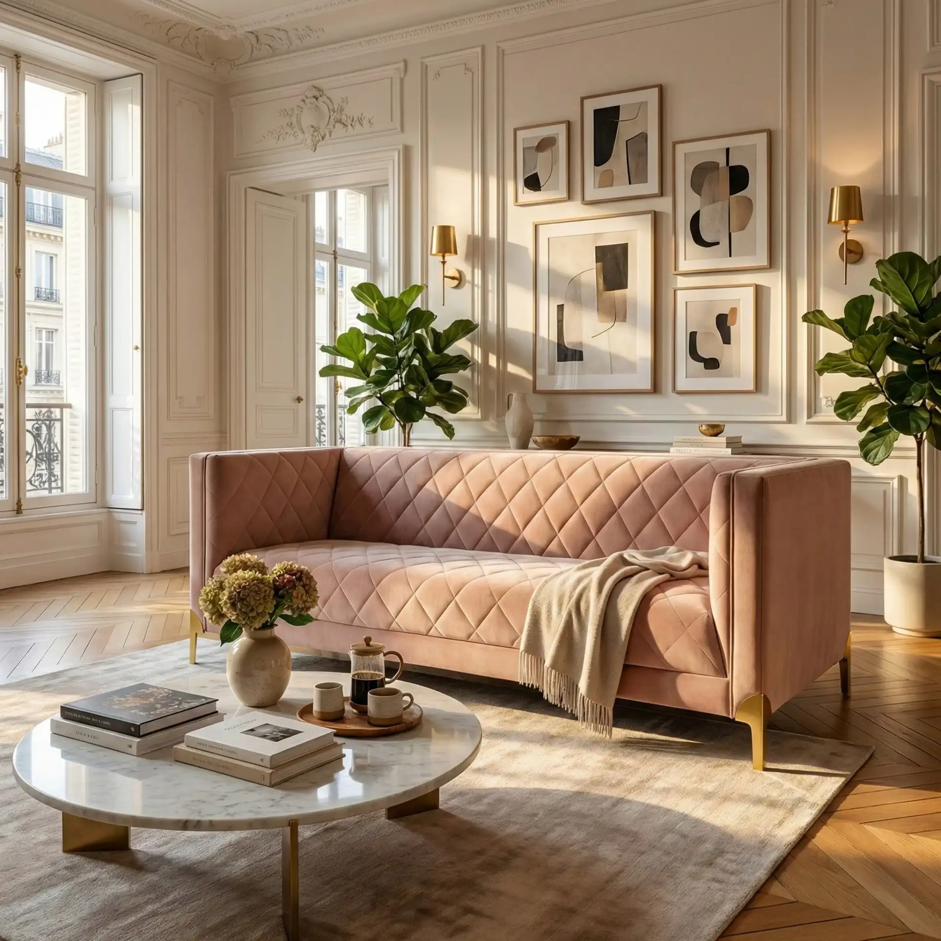 Luanna Diamond Trellis Sofa in Pale Mauve in a styled room