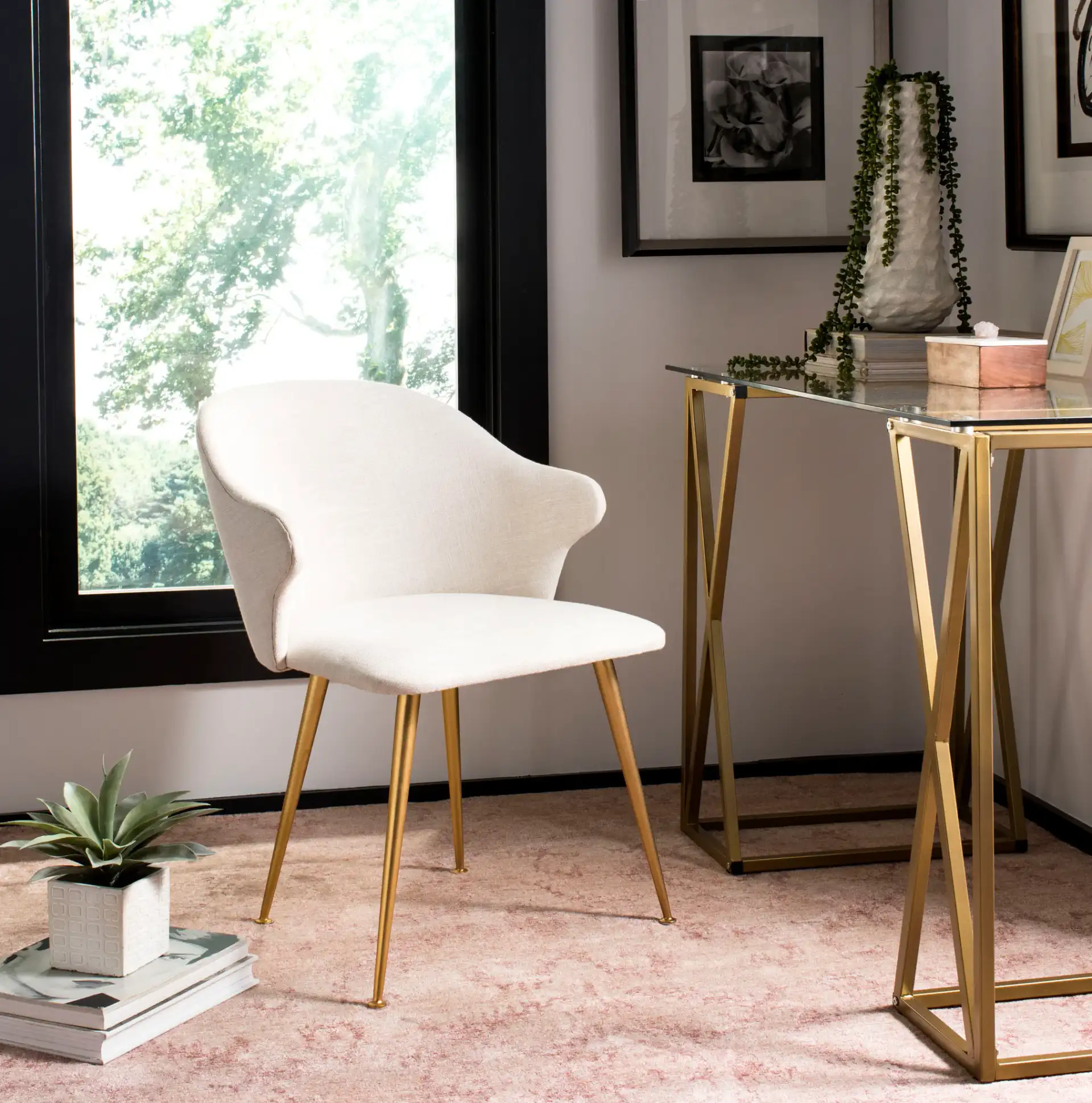Edmond Arm Chair in Light Gray / Gold in a styled room