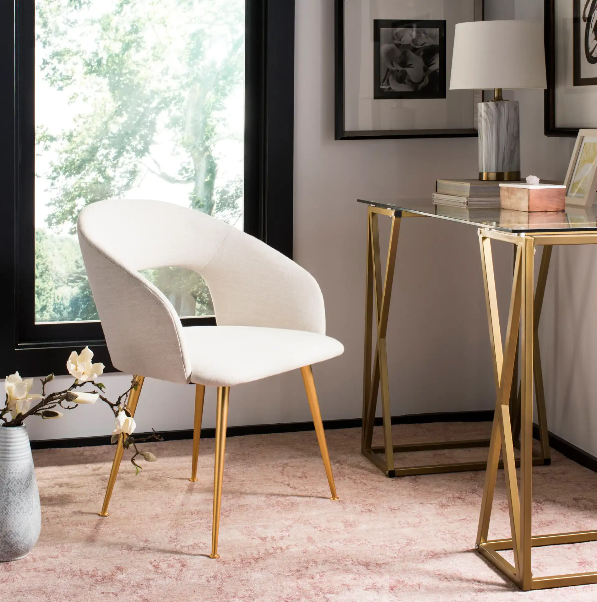 Lorina Arm Chair in Cream / Gold in a styled room
