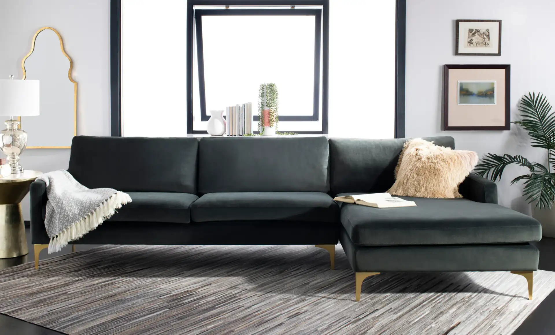 Brayson Chaise Sectional Sofa in Dark Grey in a styled room