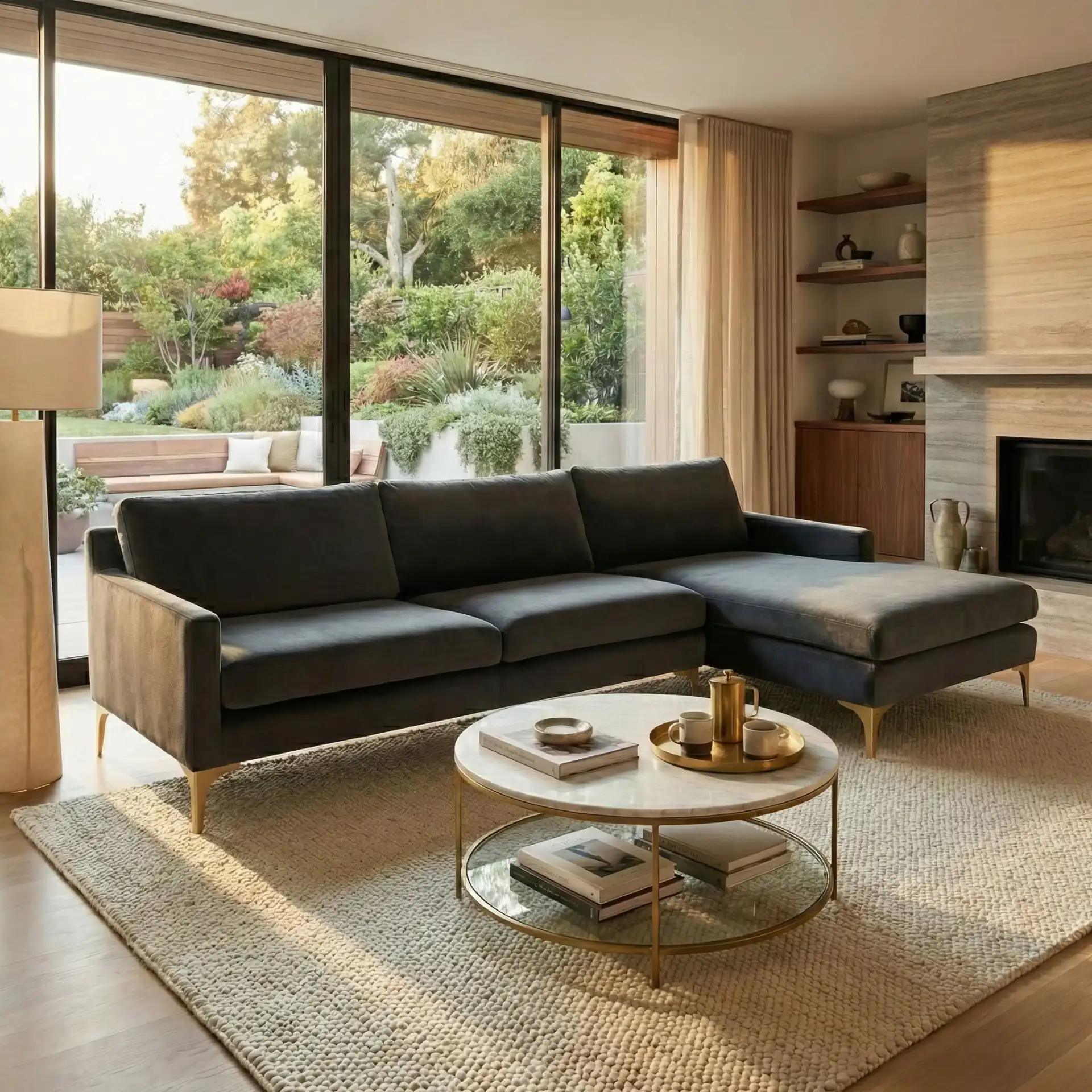 Brayson Chaise Sectional Sofa in Dark Grey in a styled room